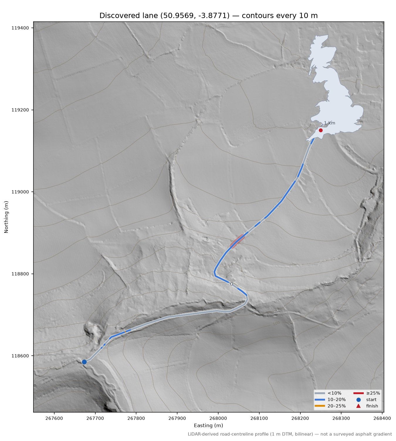 Discovered lane (50.9569, -3.8771) LiDAR hillshade map with contours
