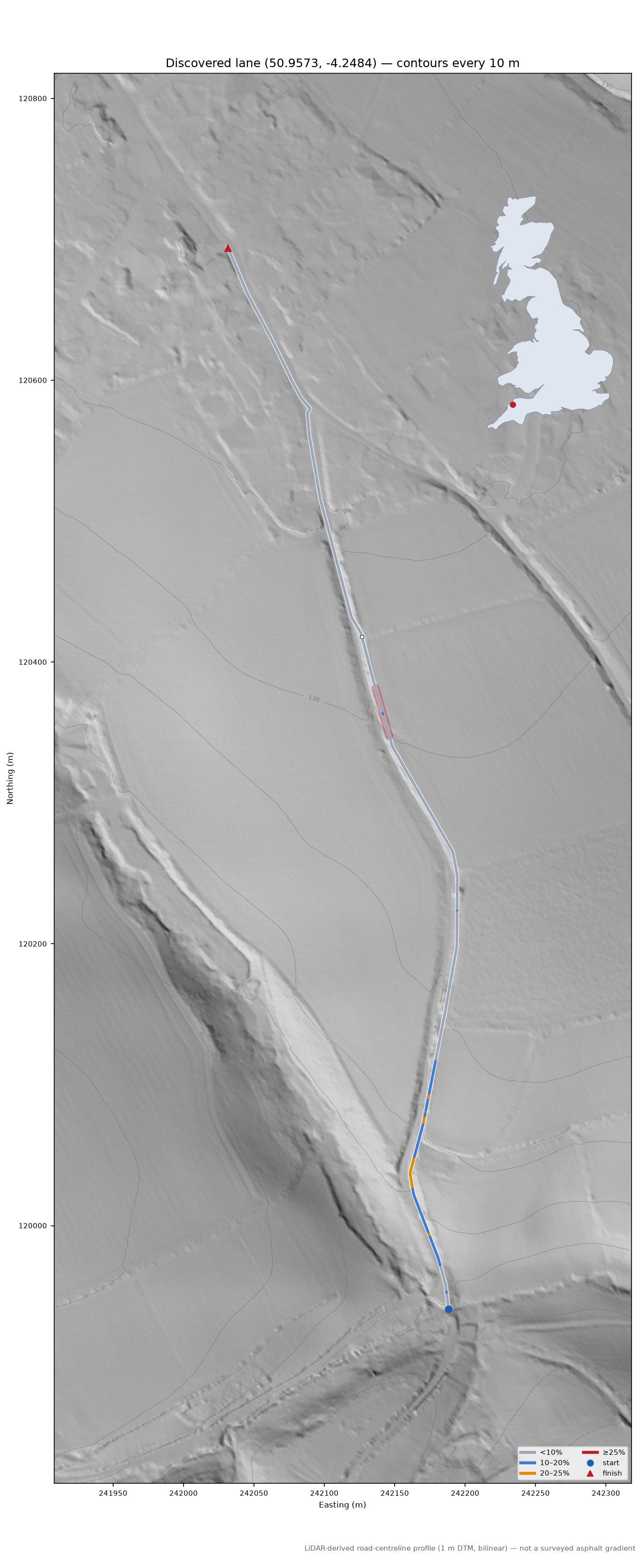 Discovered lane (50.9573, -4.2484) LiDAR hillshade map with contours