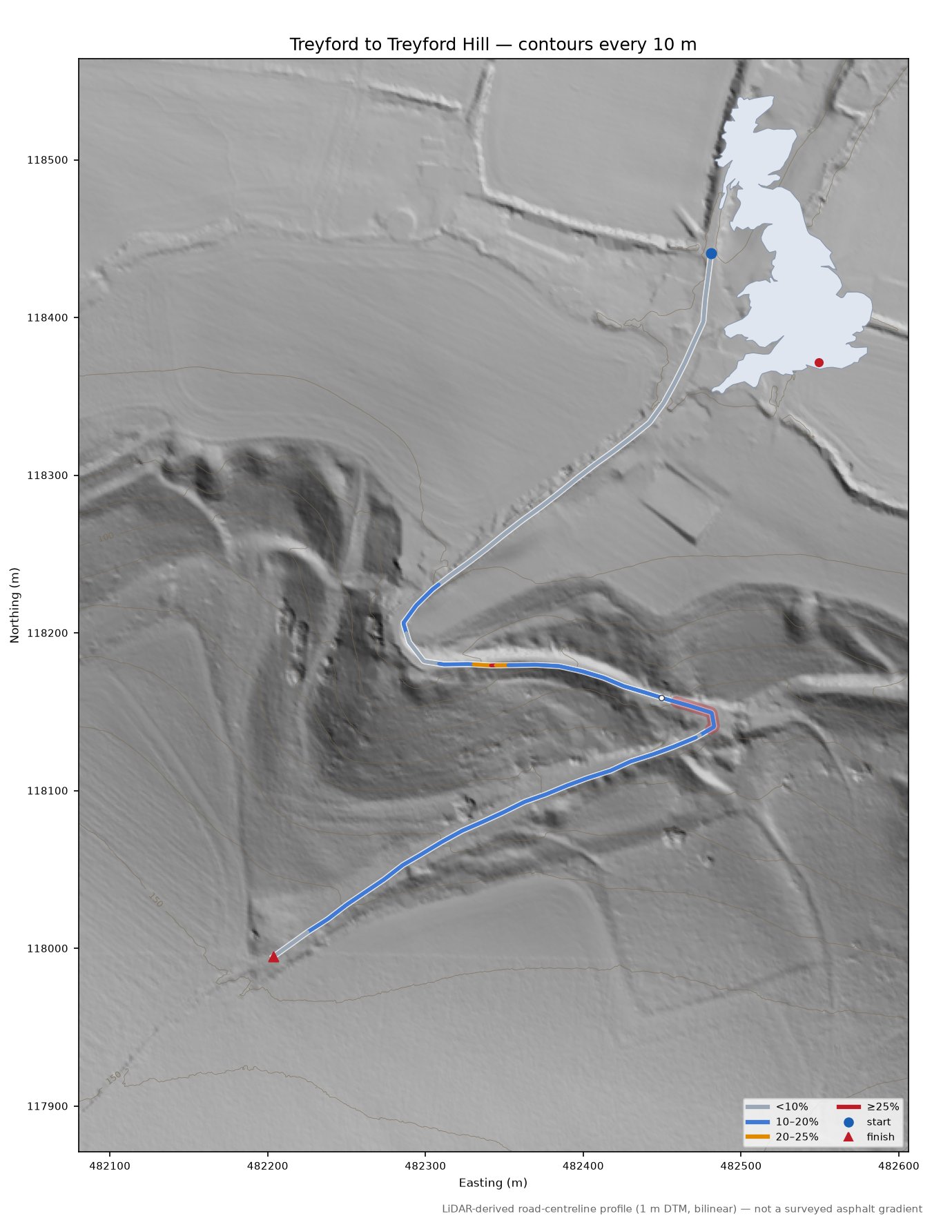 Treyford to Treyford Hill LiDAR hillshade map with contours