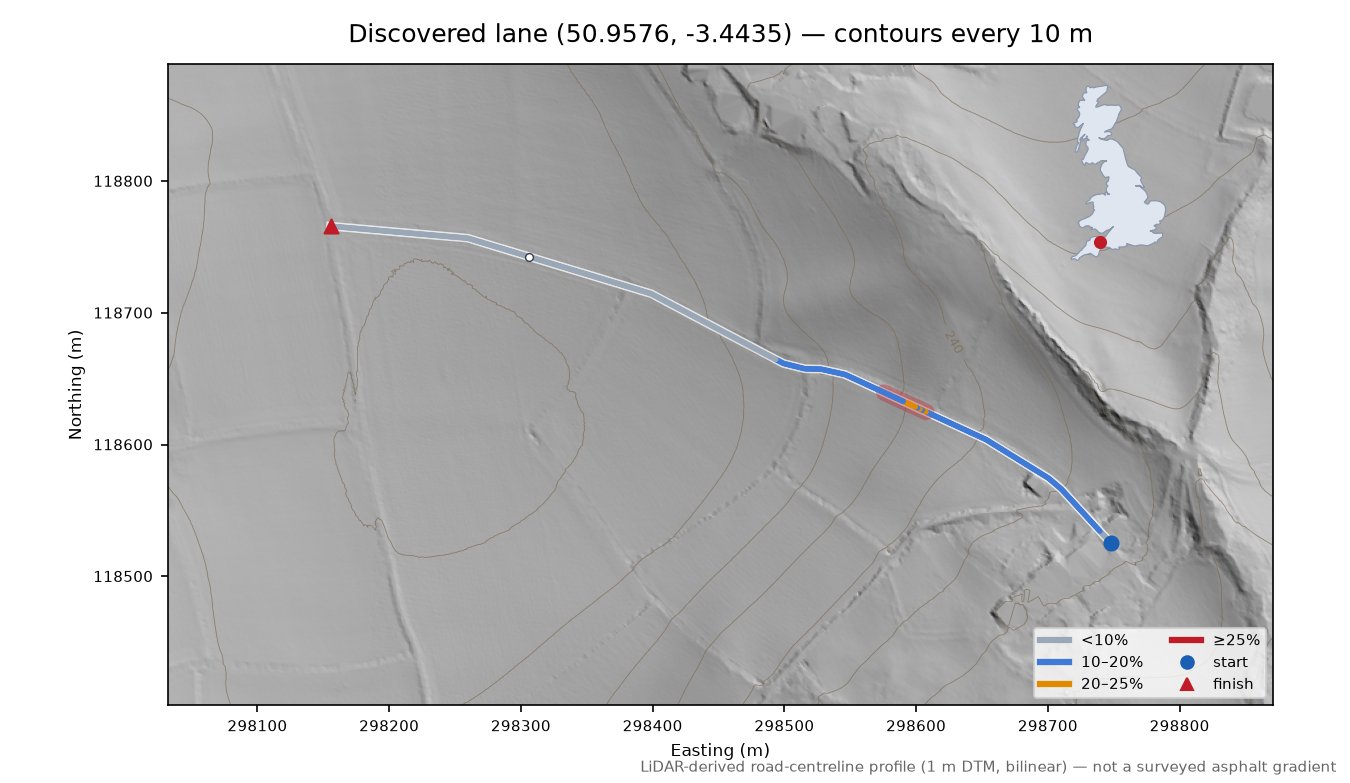Discovered lane (50.9576, -3.4435) LiDAR hillshade map with contours