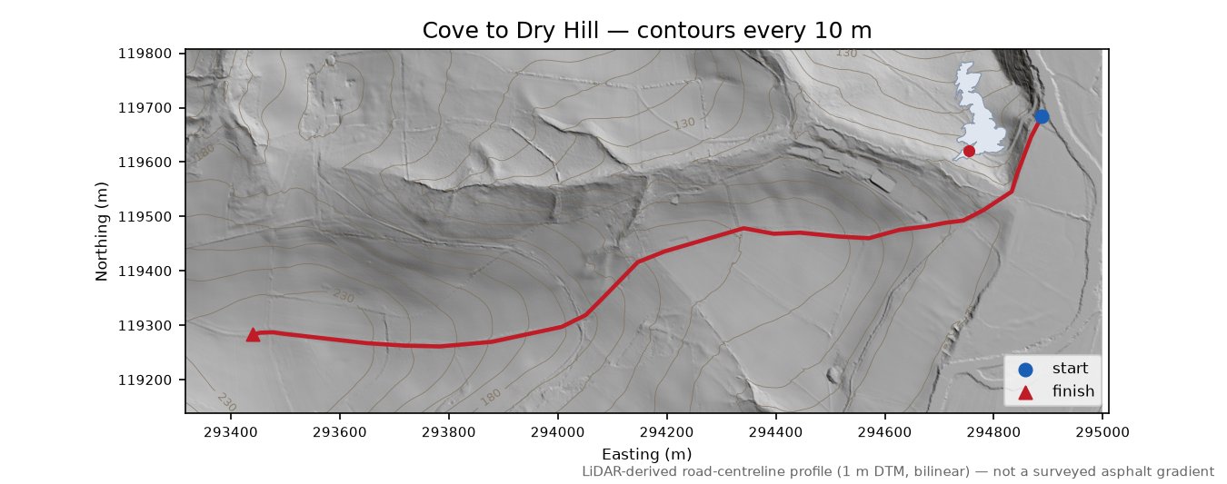 Cove to Dry Hill LiDAR hillshade map with contours