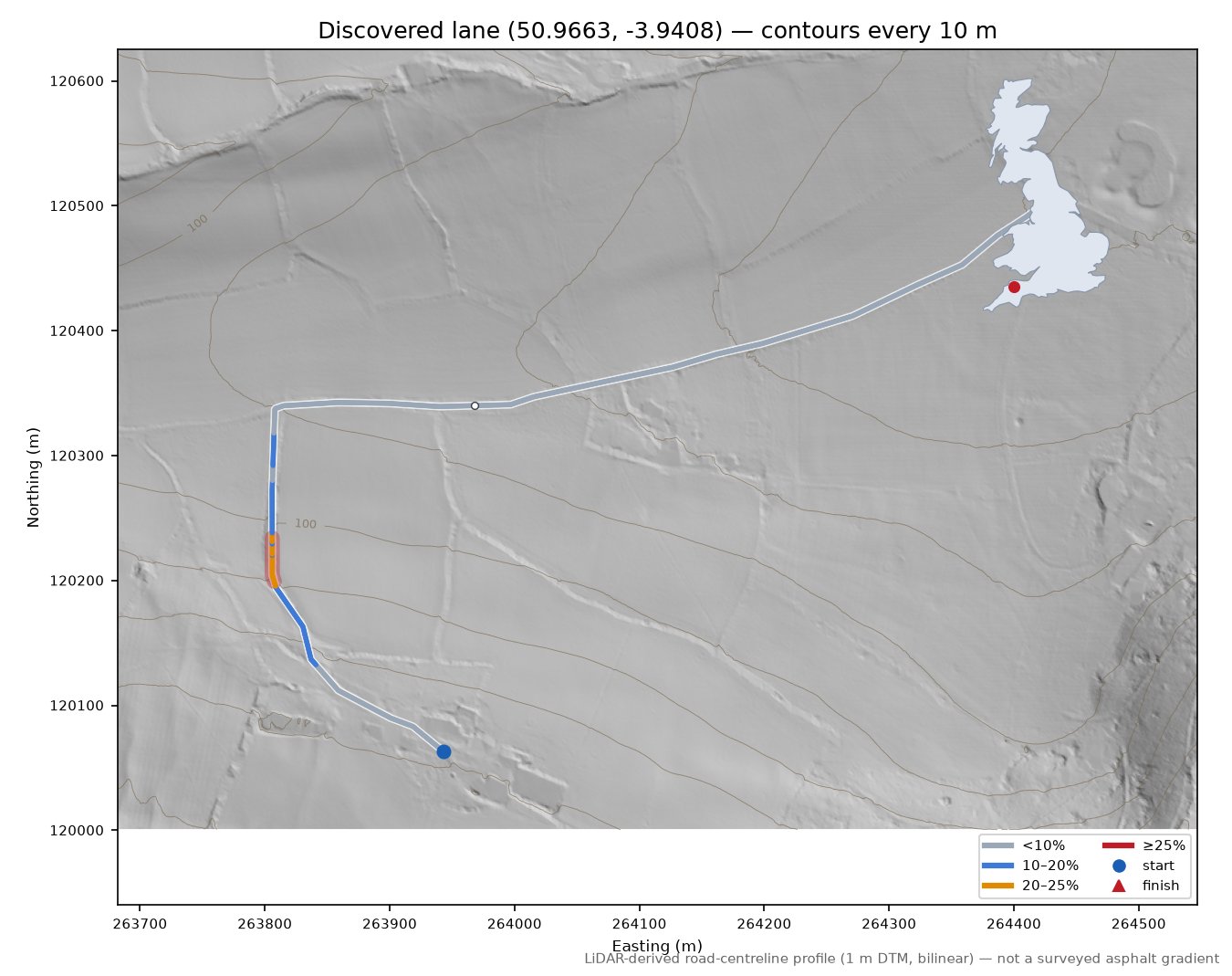 Discovered lane (50.9663, -3.9408) LiDAR hillshade map with contours