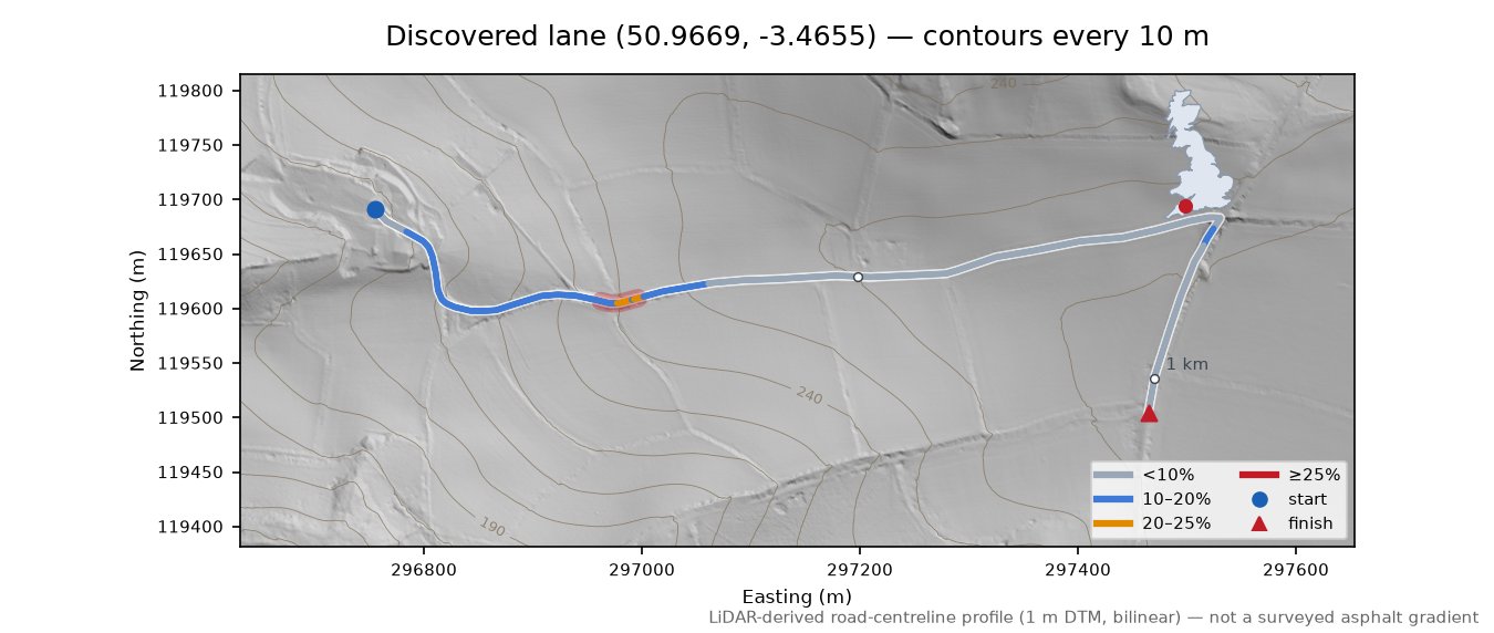 Discovered lane (50.9669, -3.4655) LiDAR hillshade map with contours