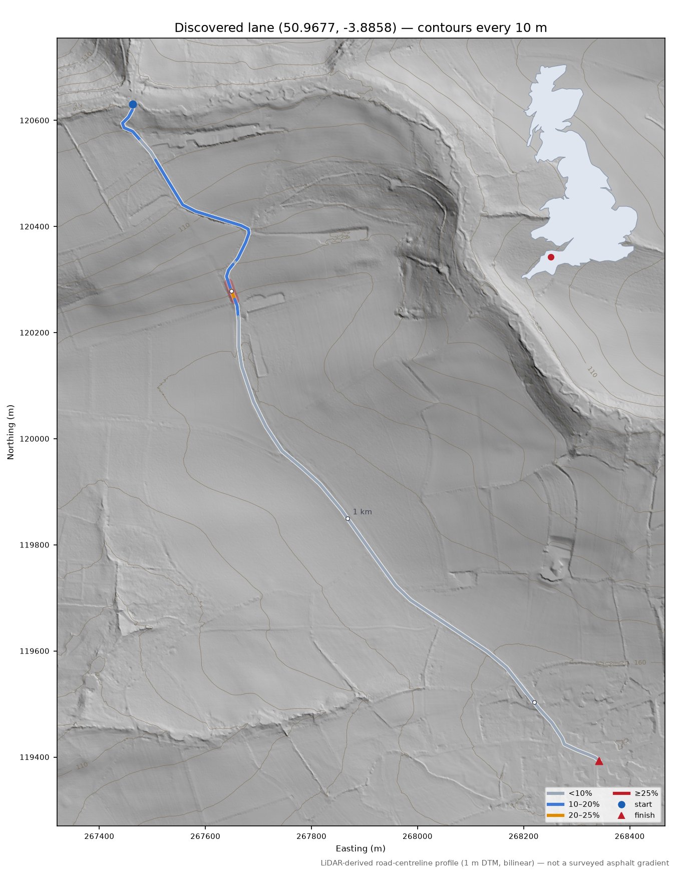 Discovered lane (50.9677, -3.8858) LiDAR hillshade map with contours