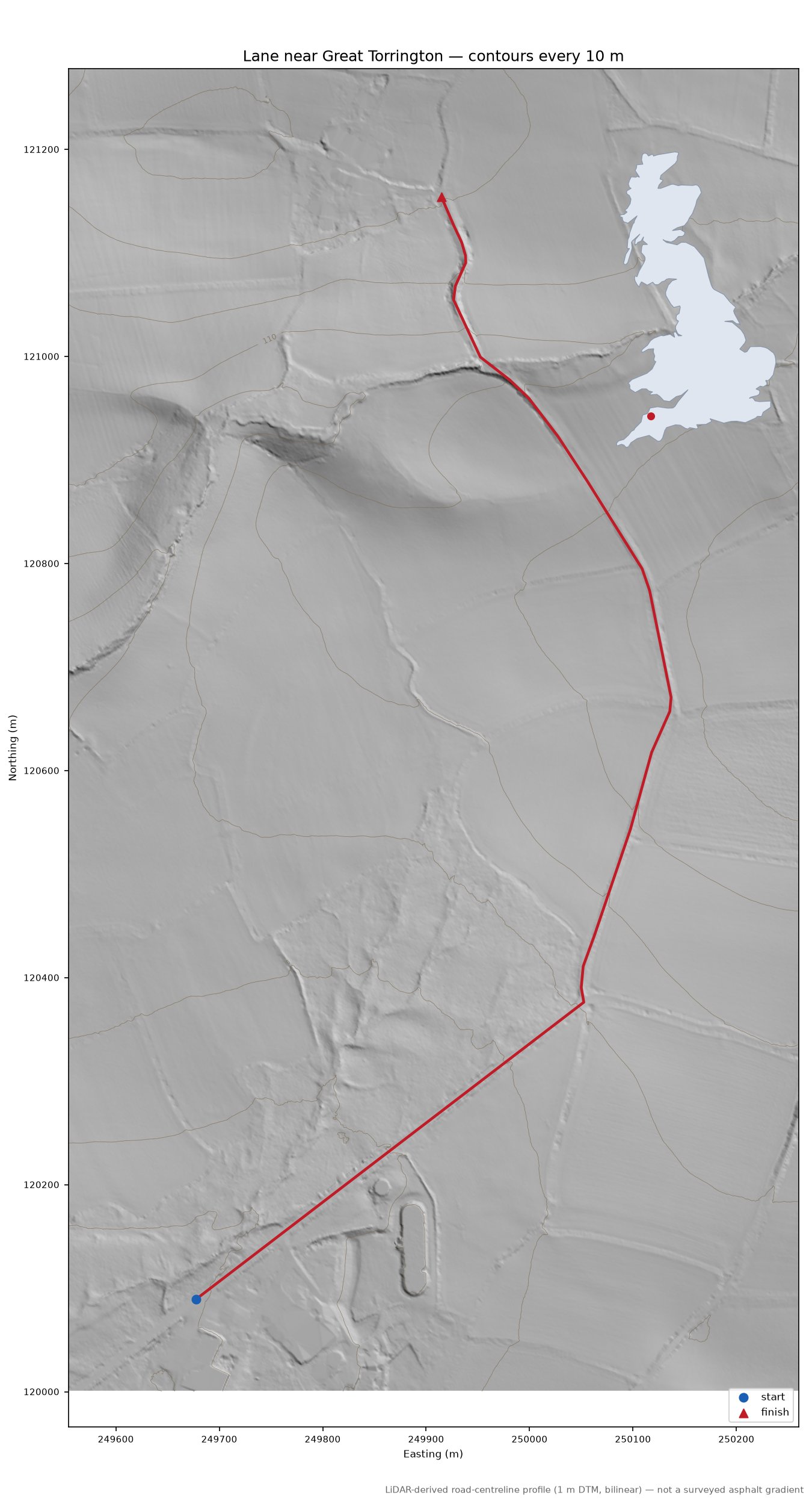 Lane near Great Torrington LiDAR hillshade map with contours