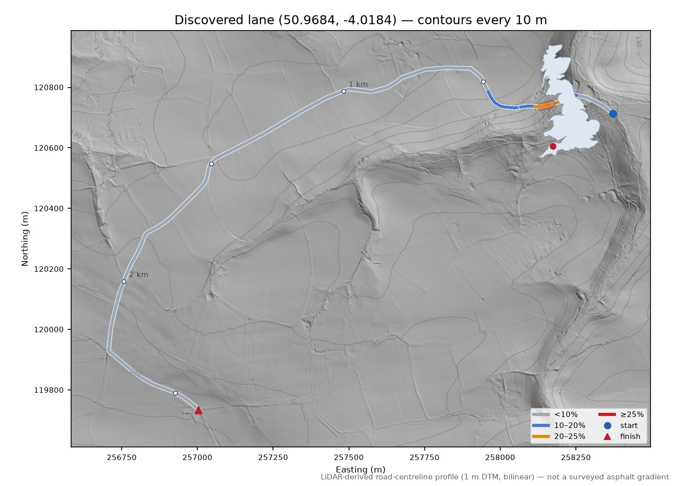 Discovered lane (50.9684, -4.0184) LiDAR hillshade map with contours