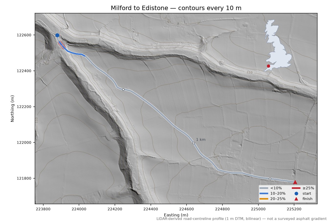 Milford to Edistone LiDAR hillshade map with contours