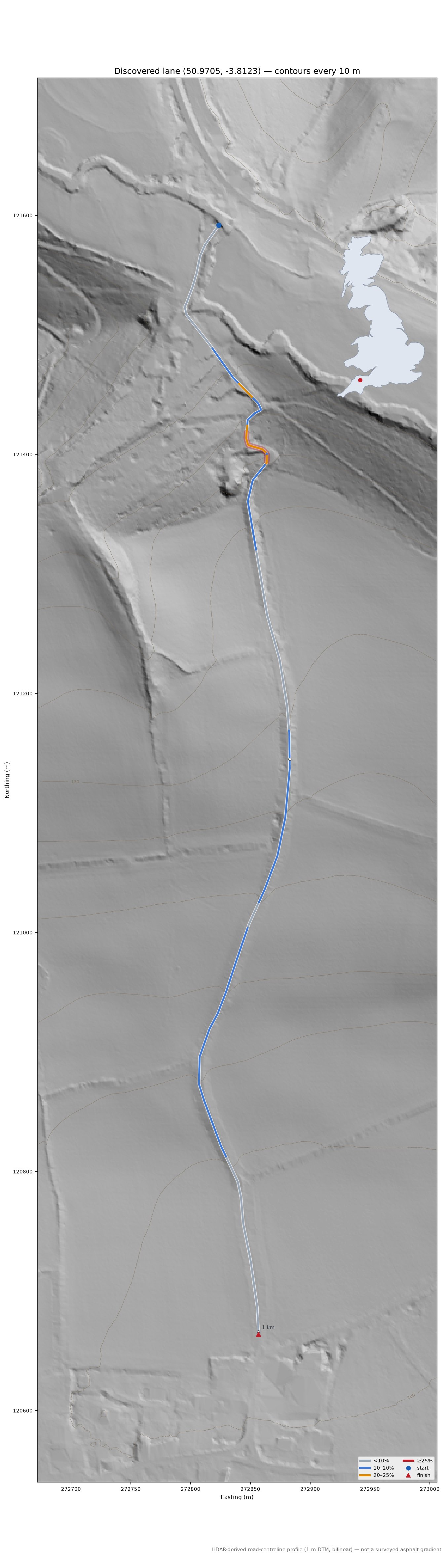 Discovered lane (50.9705, -3.8123) LiDAR hillshade map with contours