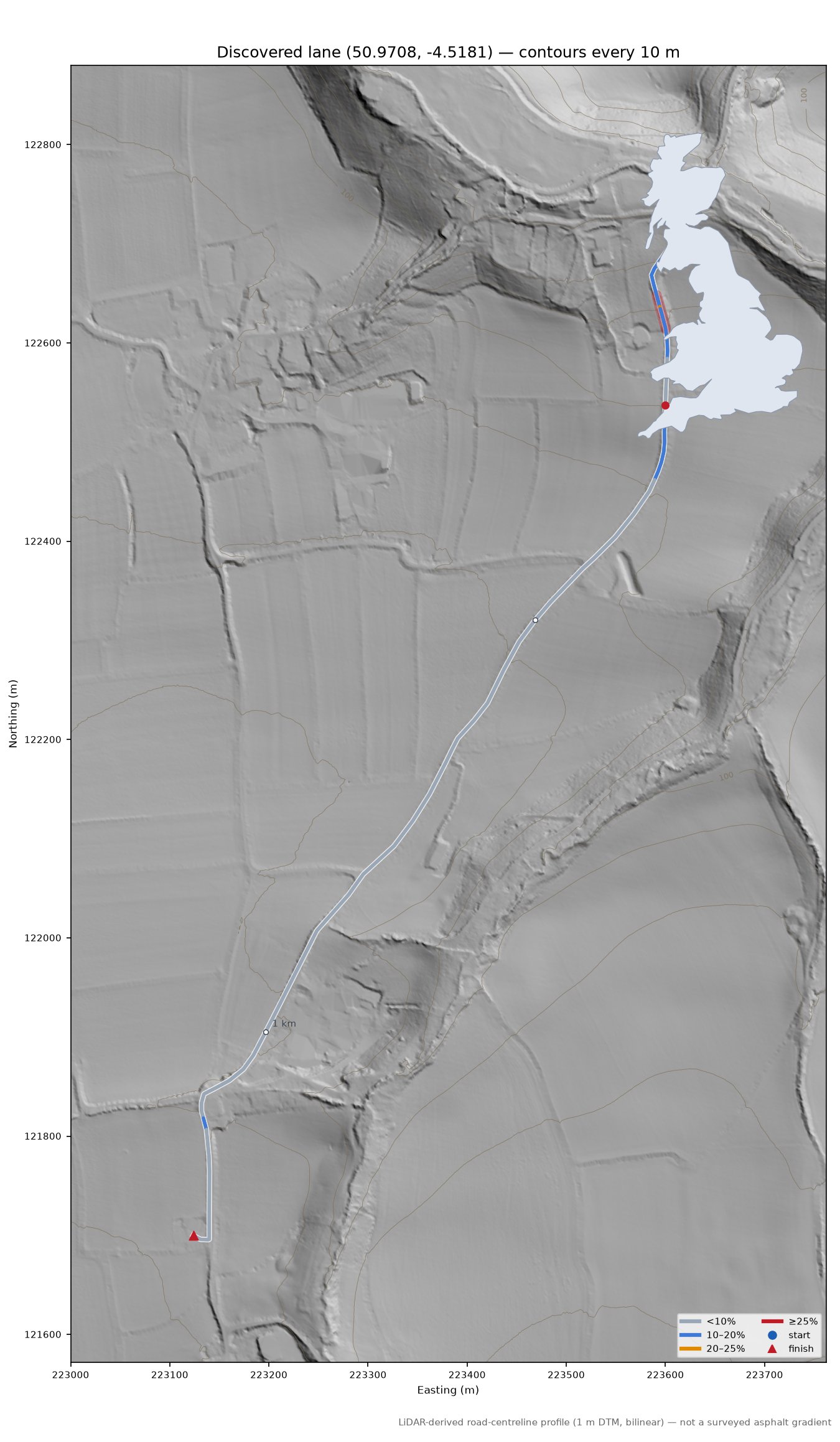 Discovered lane (50.9708, -4.5181) LiDAR hillshade map with contours