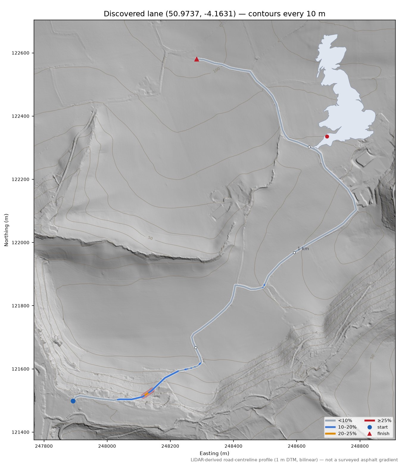 Discovered lane (50.9737, -4.1631) LiDAR hillshade map with contours