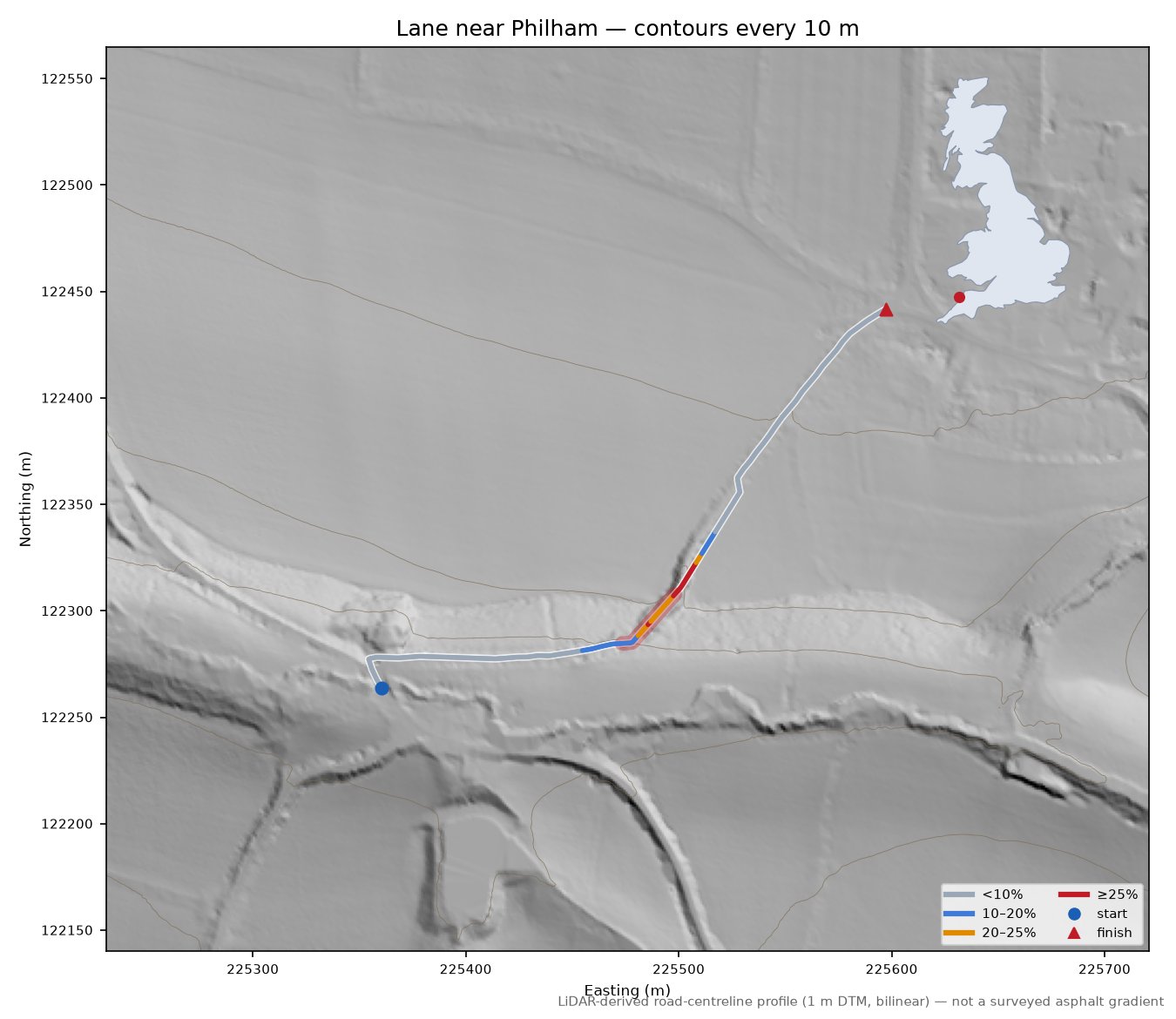 Lane near Philham LiDAR hillshade map with contours