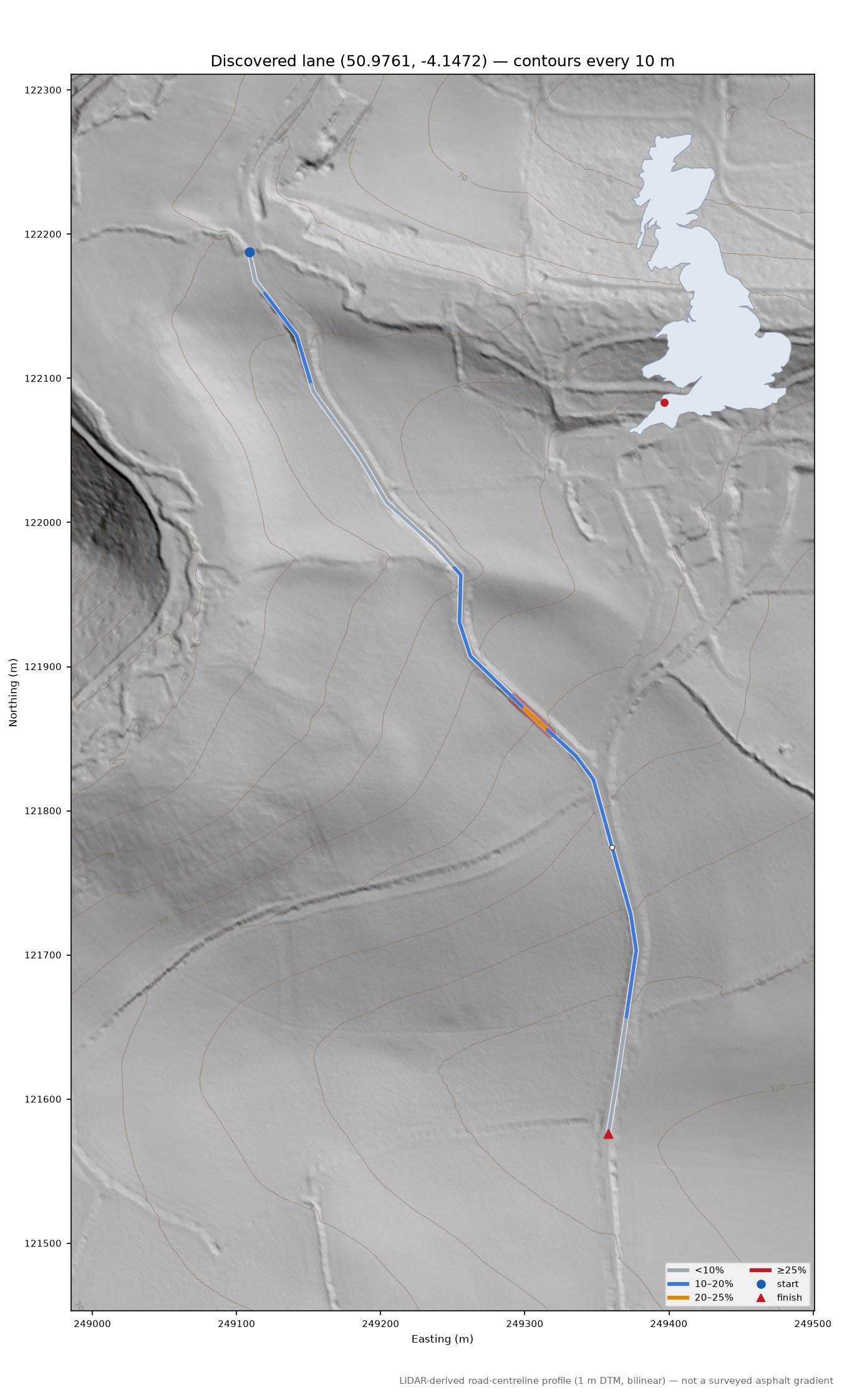 Discovered lane (50.9761, -4.1472) LiDAR hillshade map with contours