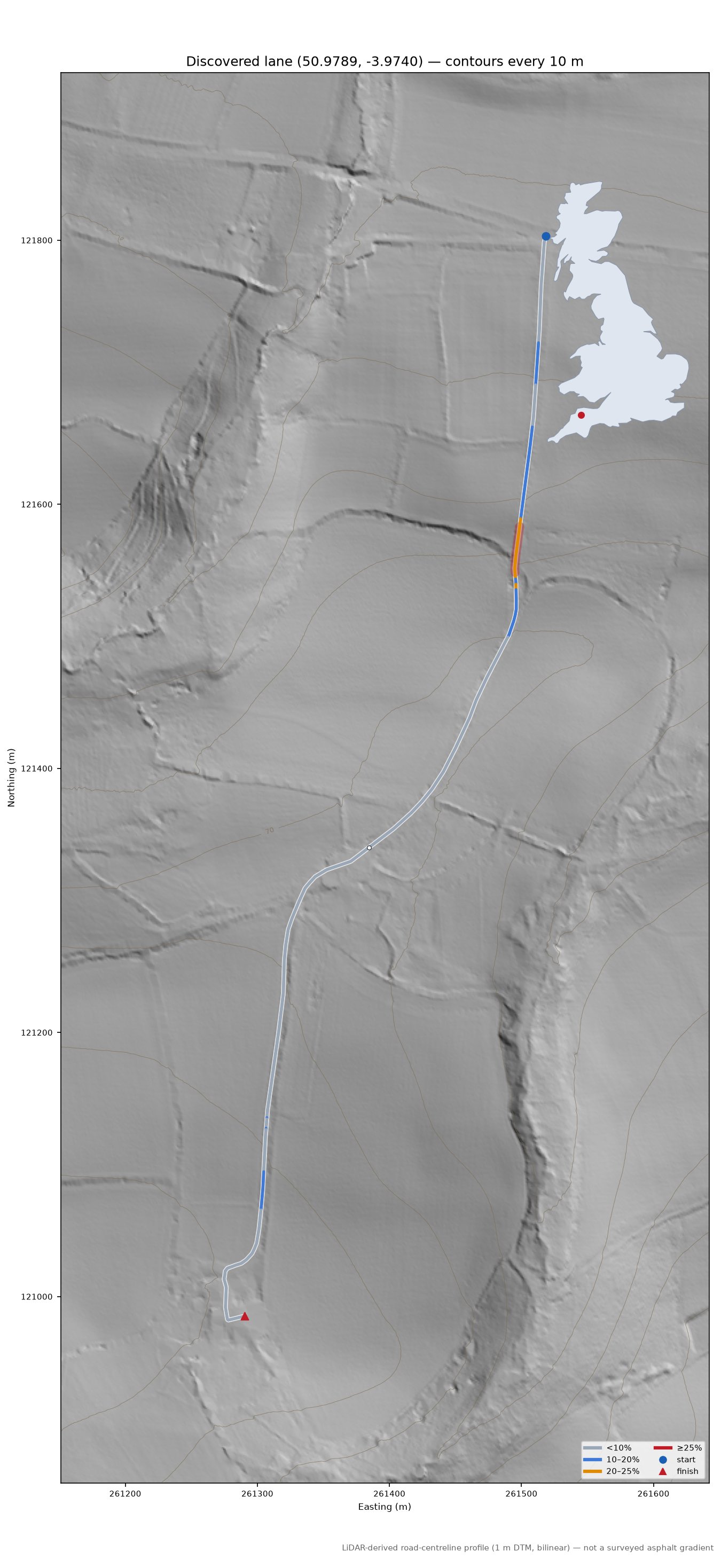 Discovered lane (50.9789, -3.9740) LiDAR hillshade map with contours