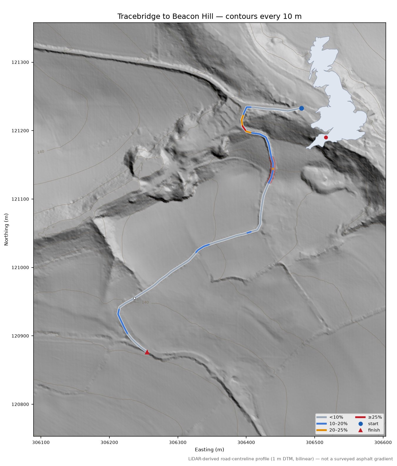 Tracebridge to Beacon Hill LiDAR hillshade map with contours
