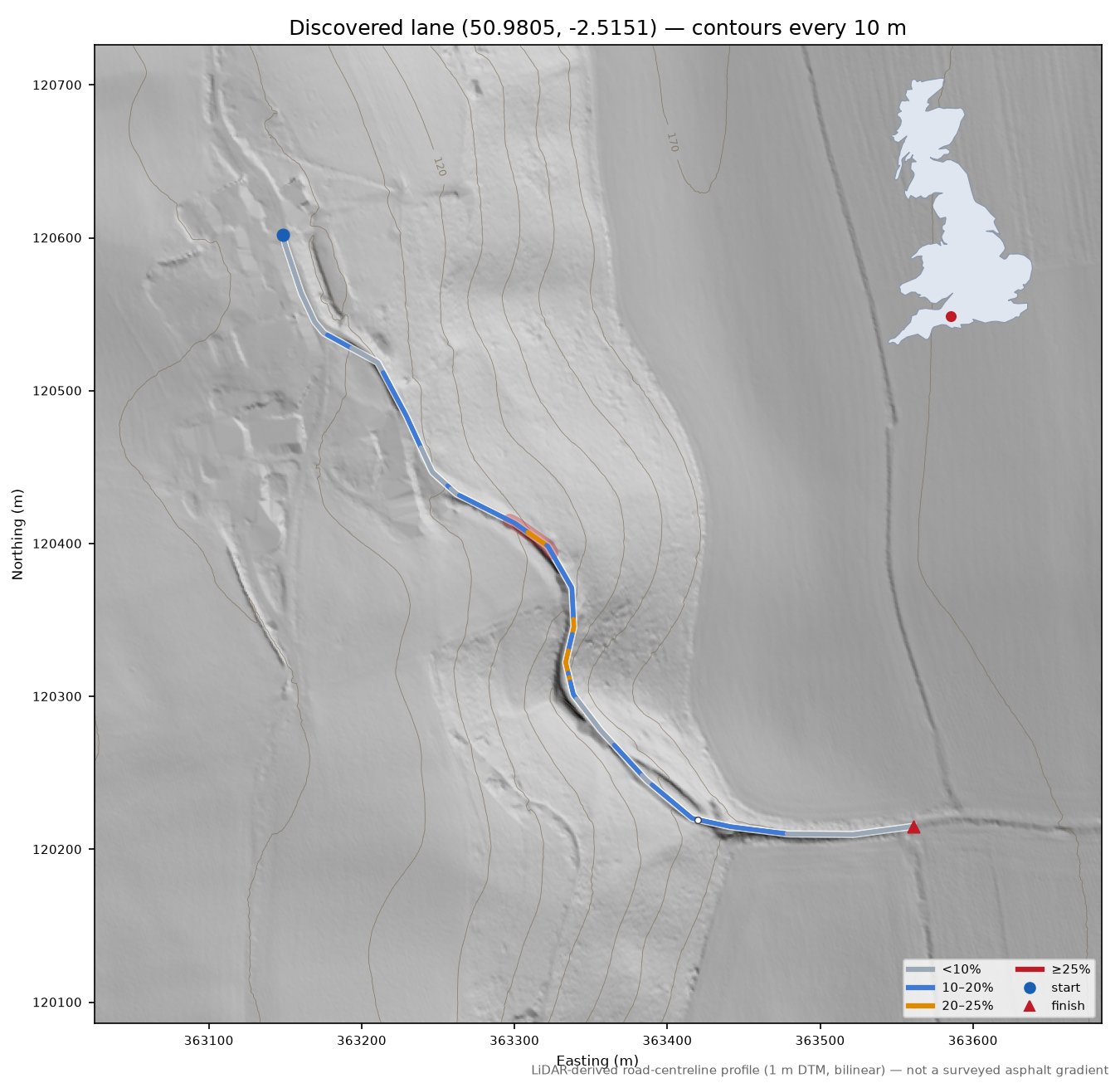 Discovered lane (50.9805, -2.5151) LiDAR hillshade map with contours