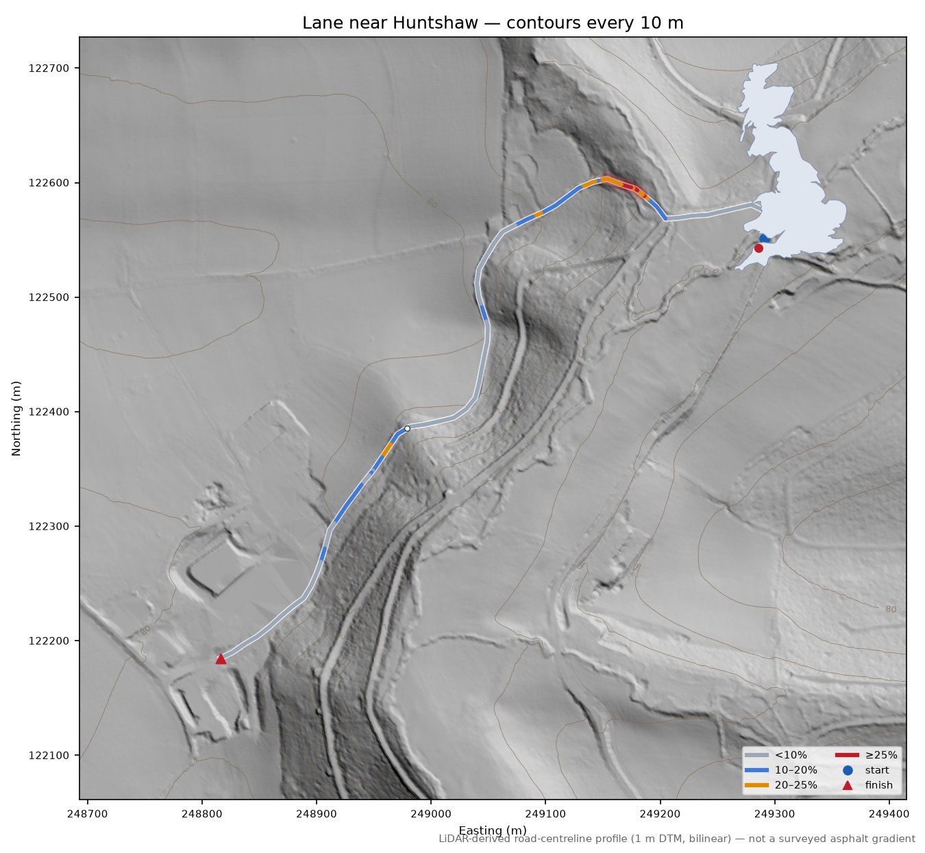 Lane near Huntshaw LiDAR hillshade map with contours