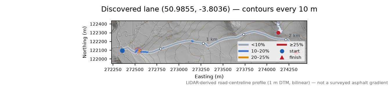 Discovered lane (50.9855, -3.8036) LiDAR hillshade map with contours