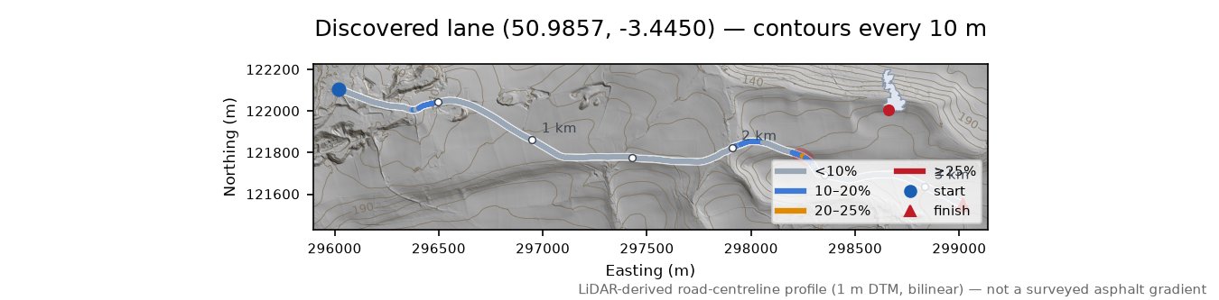 Discovered lane (50.9857, -3.4450) LiDAR hillshade map with contours