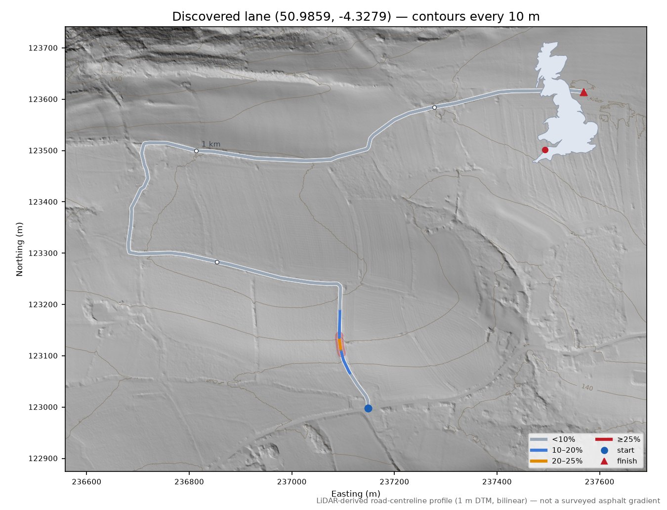 Discovered lane (50.9859, -4.3279) LiDAR hillshade map with contours