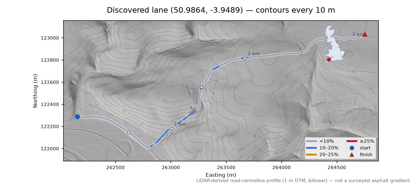 Discovered lane (50.9864, -3.9489) LiDAR hillshade map with contours