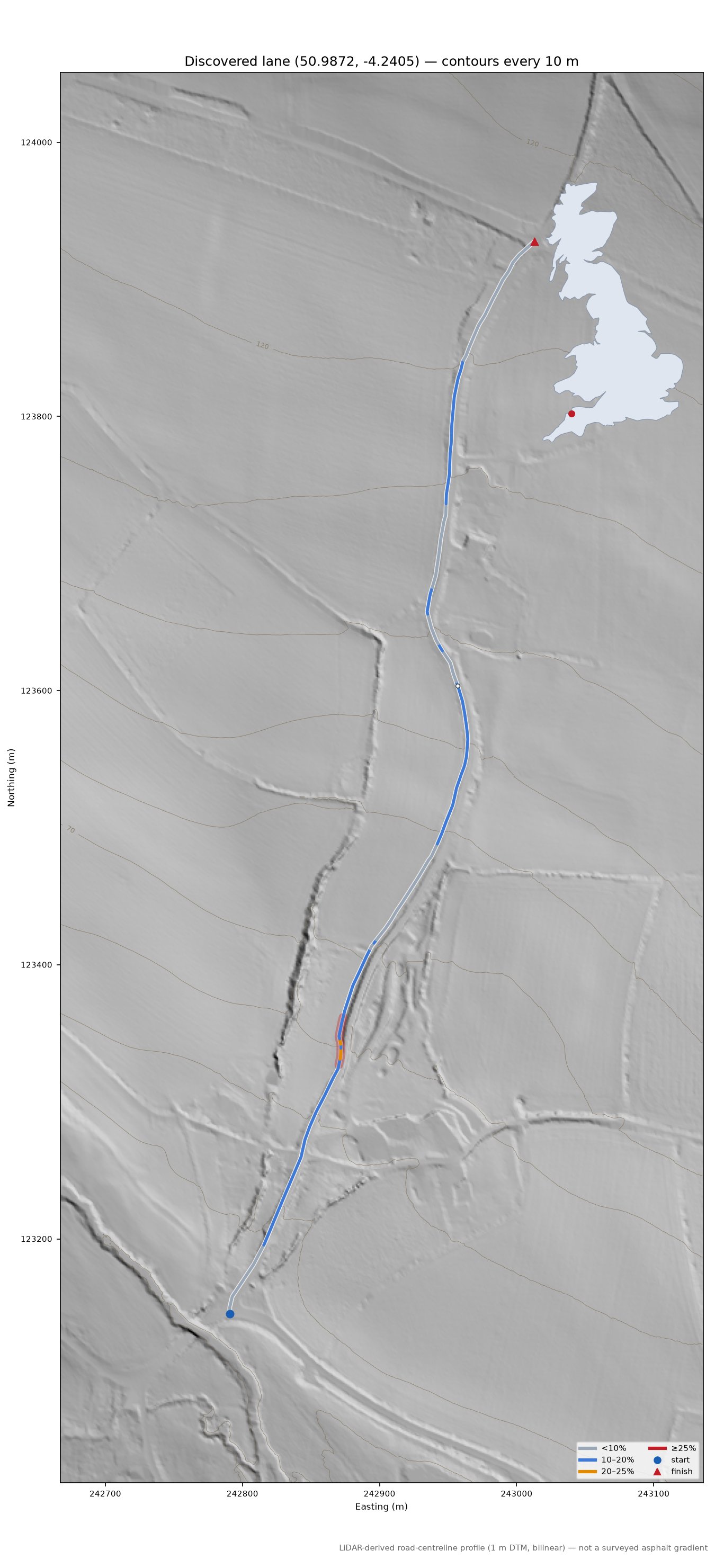Discovered lane (50.9872, -4.2405) LiDAR hillshade map with contours