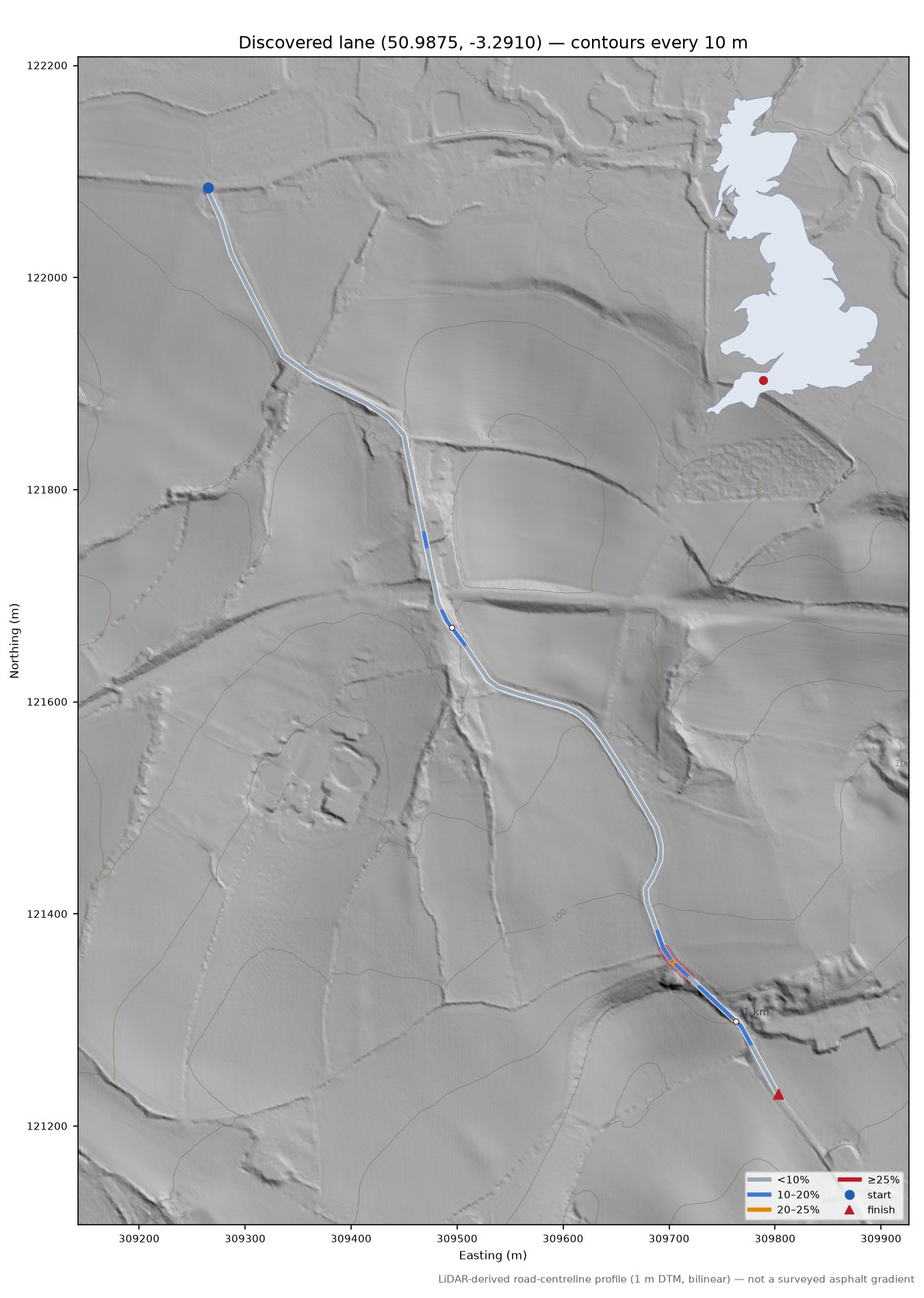 Discovered lane (50.9875, -3.2910) LiDAR hillshade map with contours