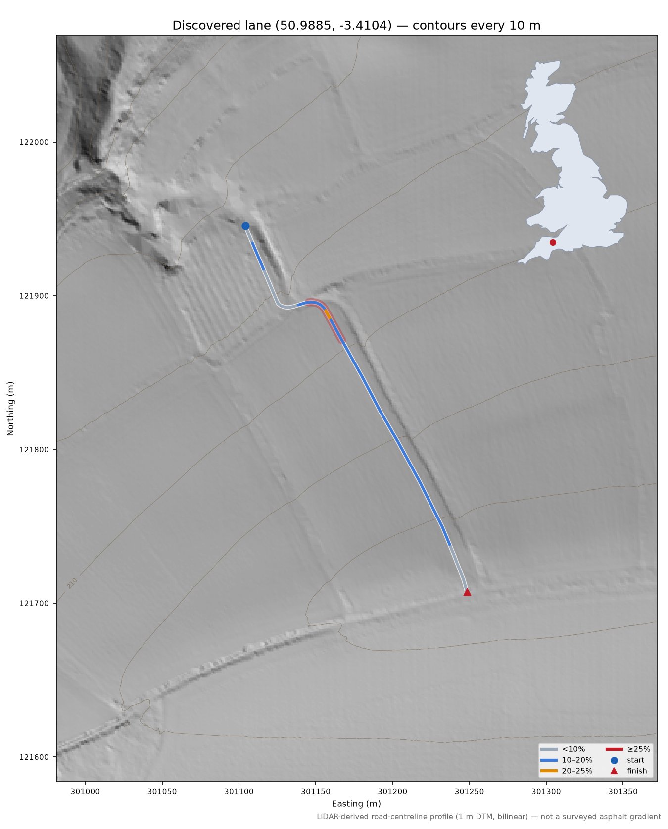 Discovered lane (50.9885, -3.4104) LiDAR hillshade map with contours