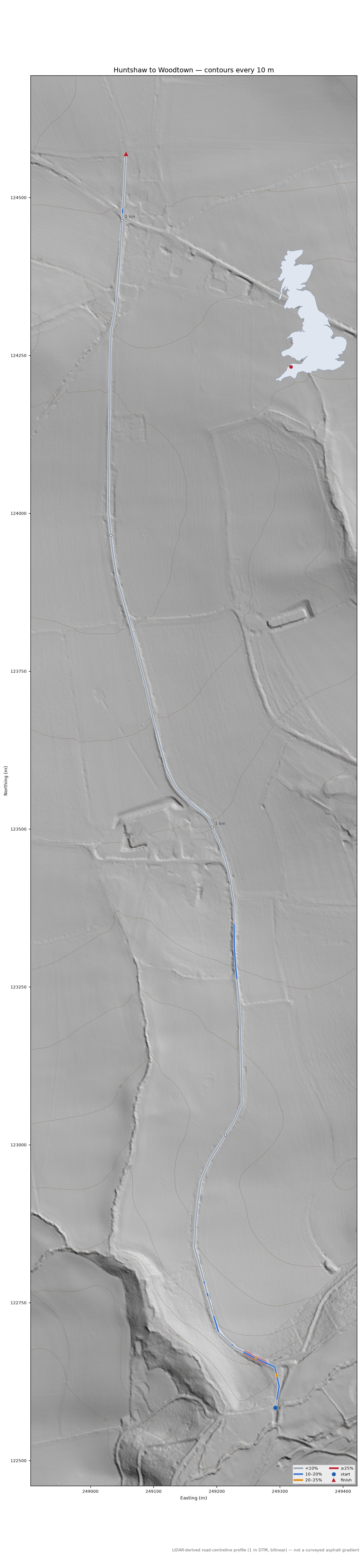 Huntshaw to Woodtown LiDAR hillshade map with contours