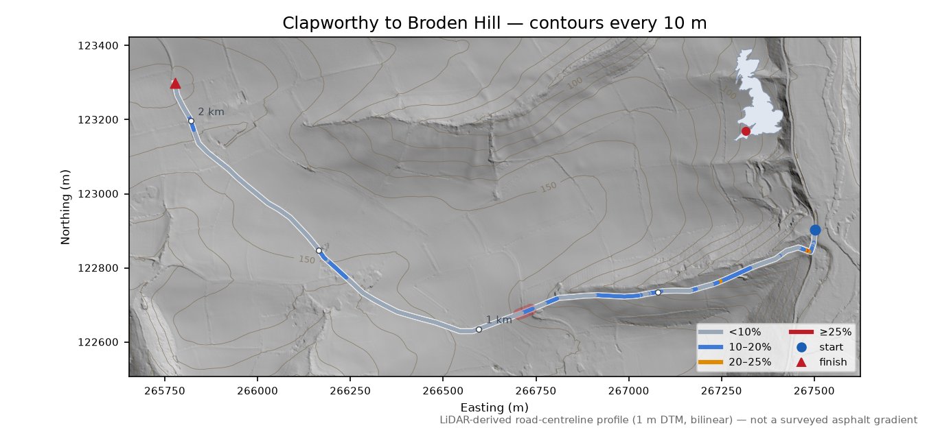 Clapworthy to Broden Hill LiDAR hillshade map with contours