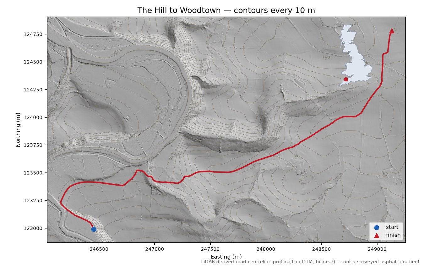 The Hill to Woodtown LiDAR hillshade map with contours