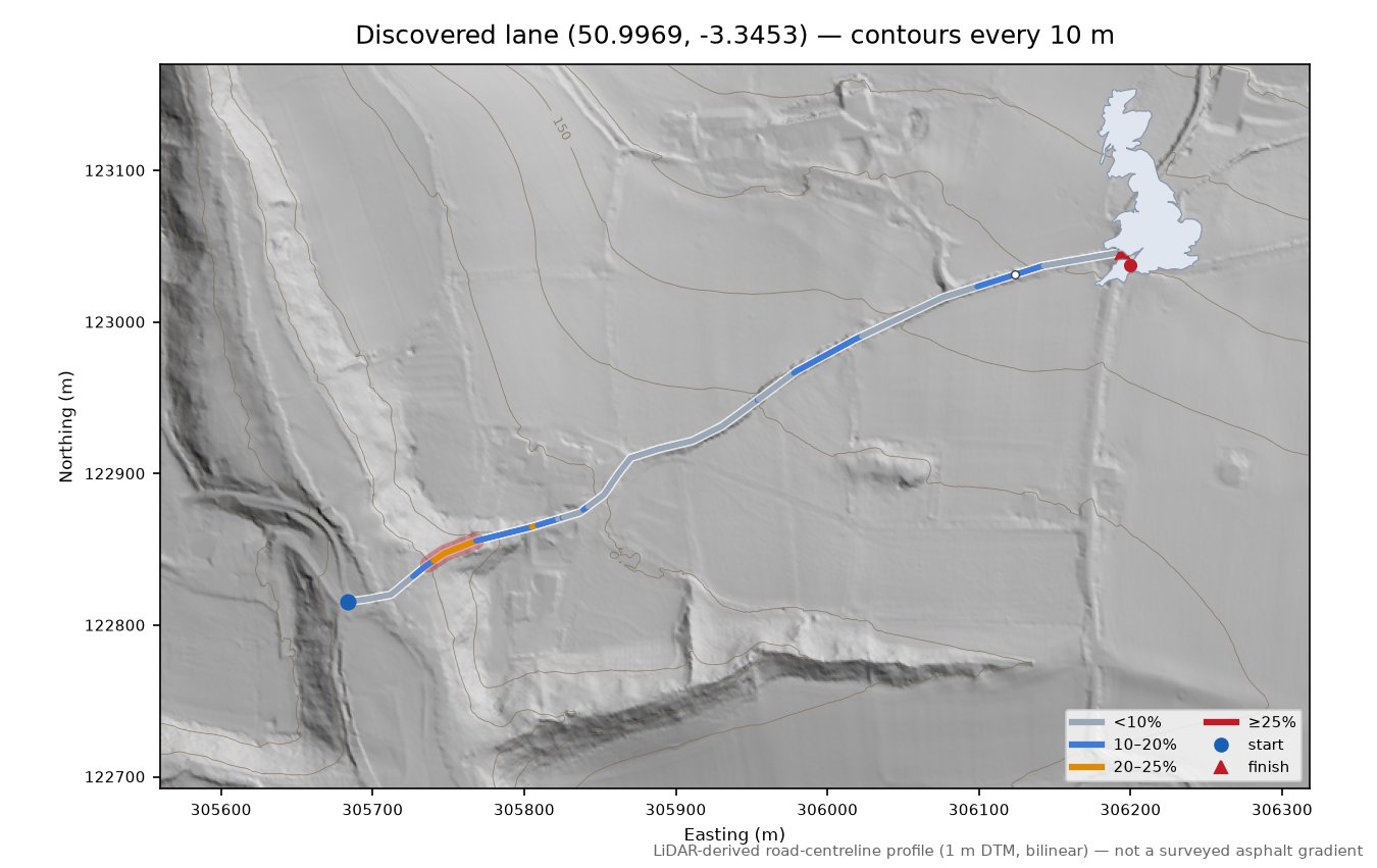 Discovered lane (50.9969, -3.3453) LiDAR hillshade map with contours