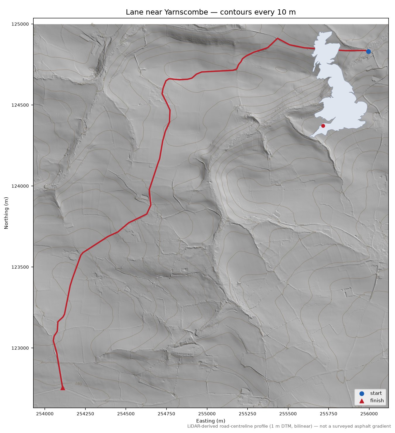 Lane near Yarnscombe LiDAR hillshade map with contours
