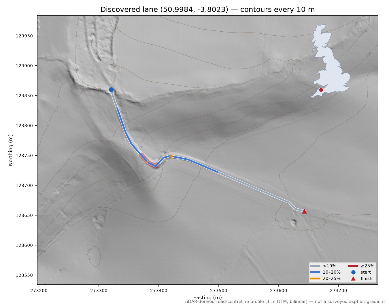 Discovered lane (50.9984, -3.8023) LiDAR hillshade map with contours