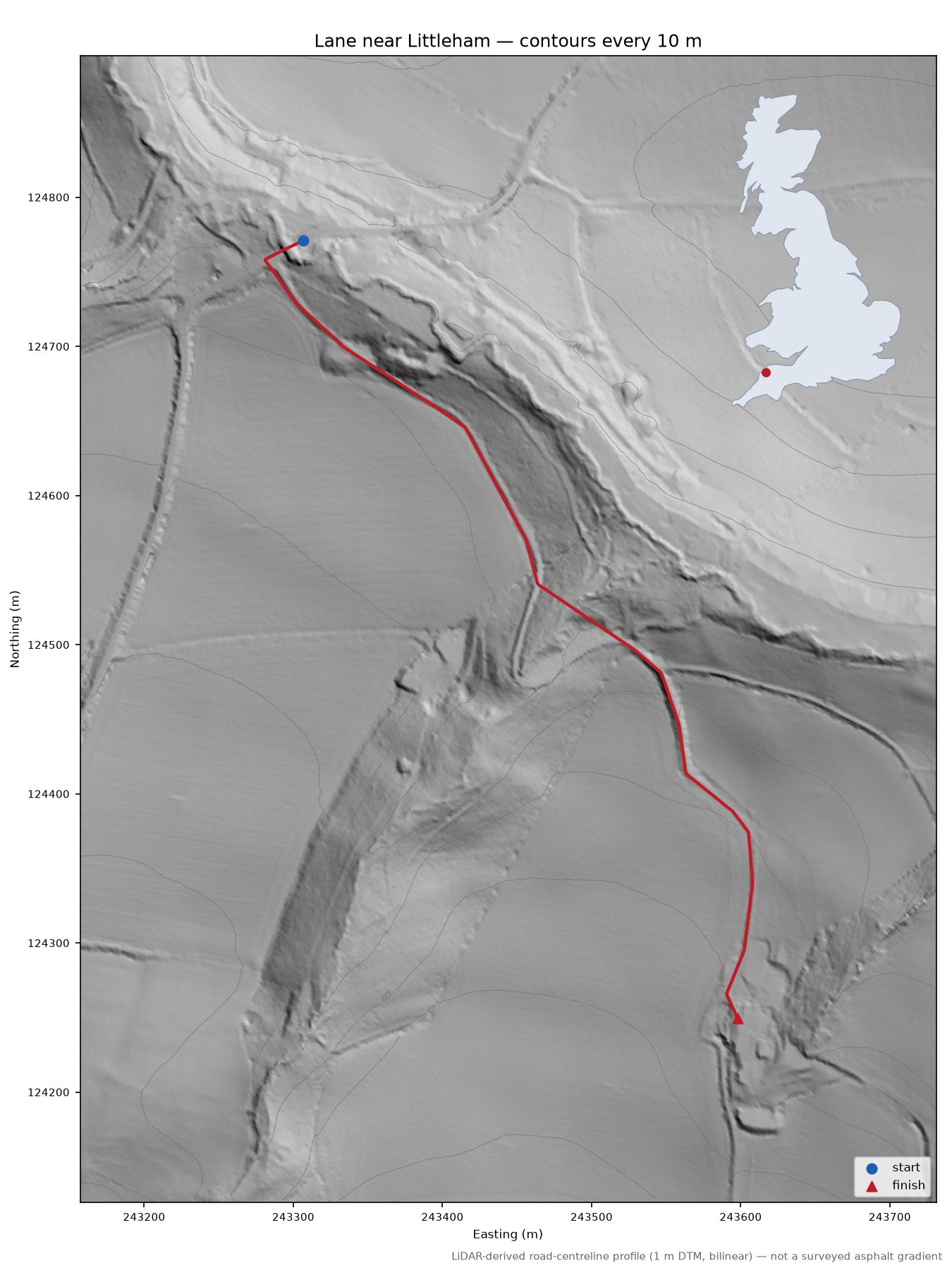Lane near Littleham LiDAR hillshade map with contours