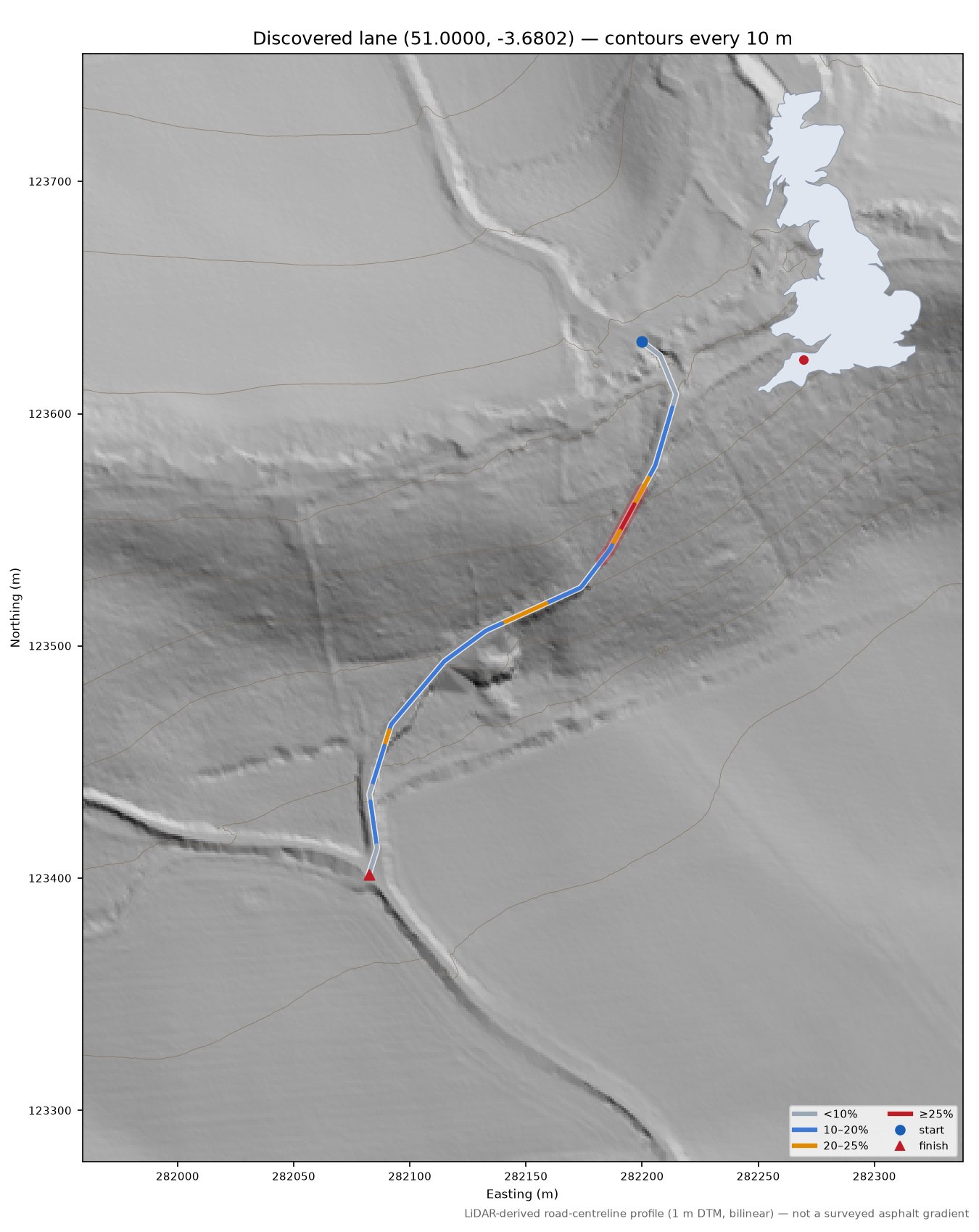 Discovered lane (51.0000, -3.6802) LiDAR hillshade map with contours