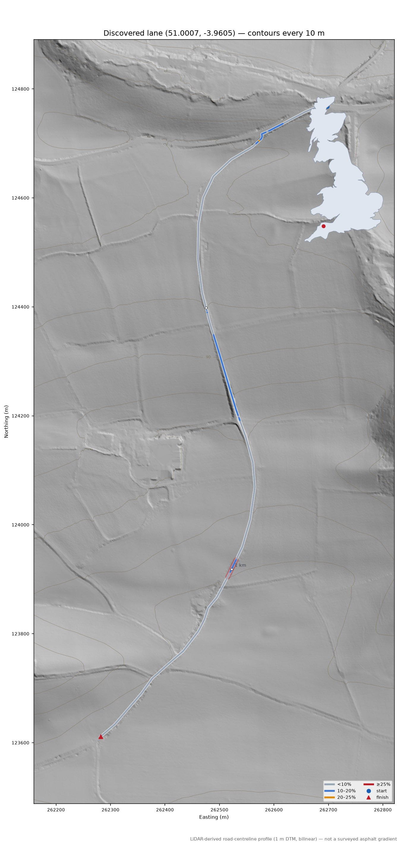 Discovered lane (51.0007, -3.9605) LiDAR hillshade map with contours