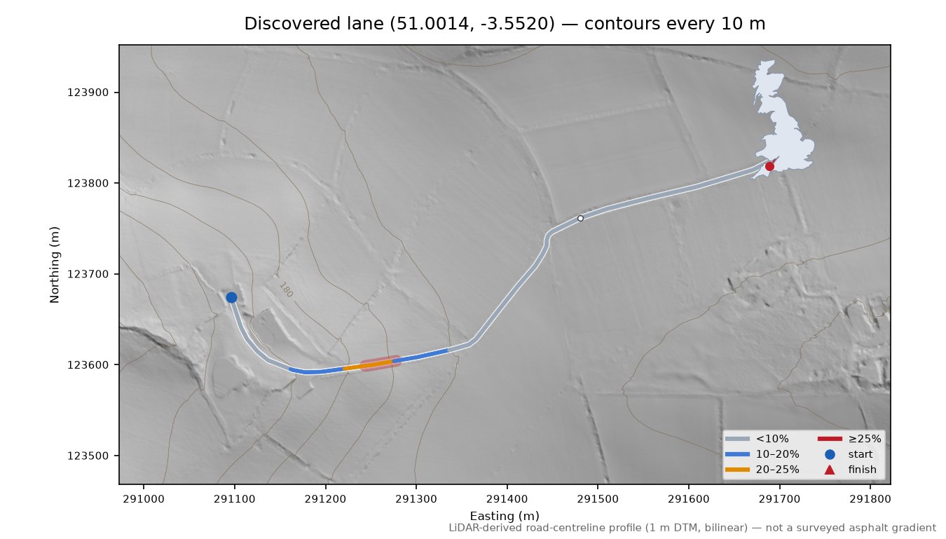 Discovered lane (51.0014, -3.5520) LiDAR hillshade map with contours