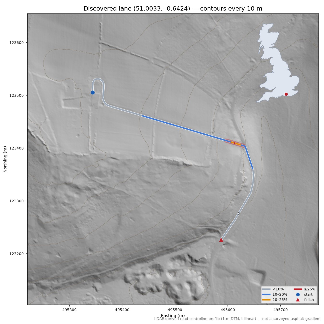 Discovered lane (51.0033, -0.6424) LiDAR hillshade map with contours