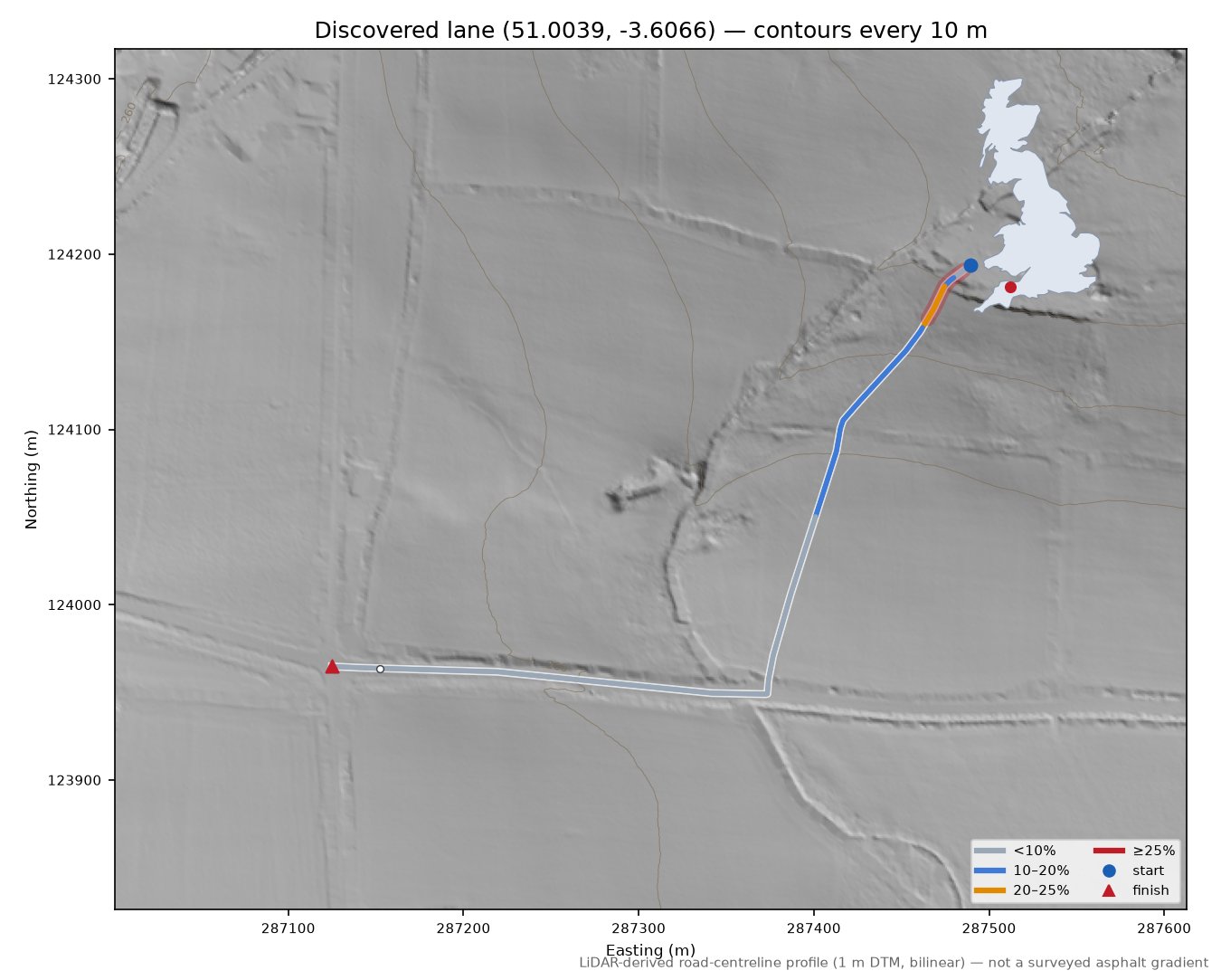 Discovered lane (51.0039, -3.6066) LiDAR hillshade map with contours
