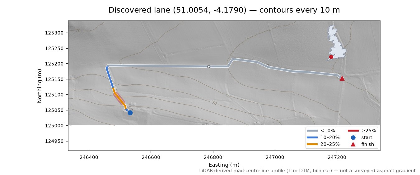 Discovered lane (51.0054, -4.1790) LiDAR hillshade map with contours