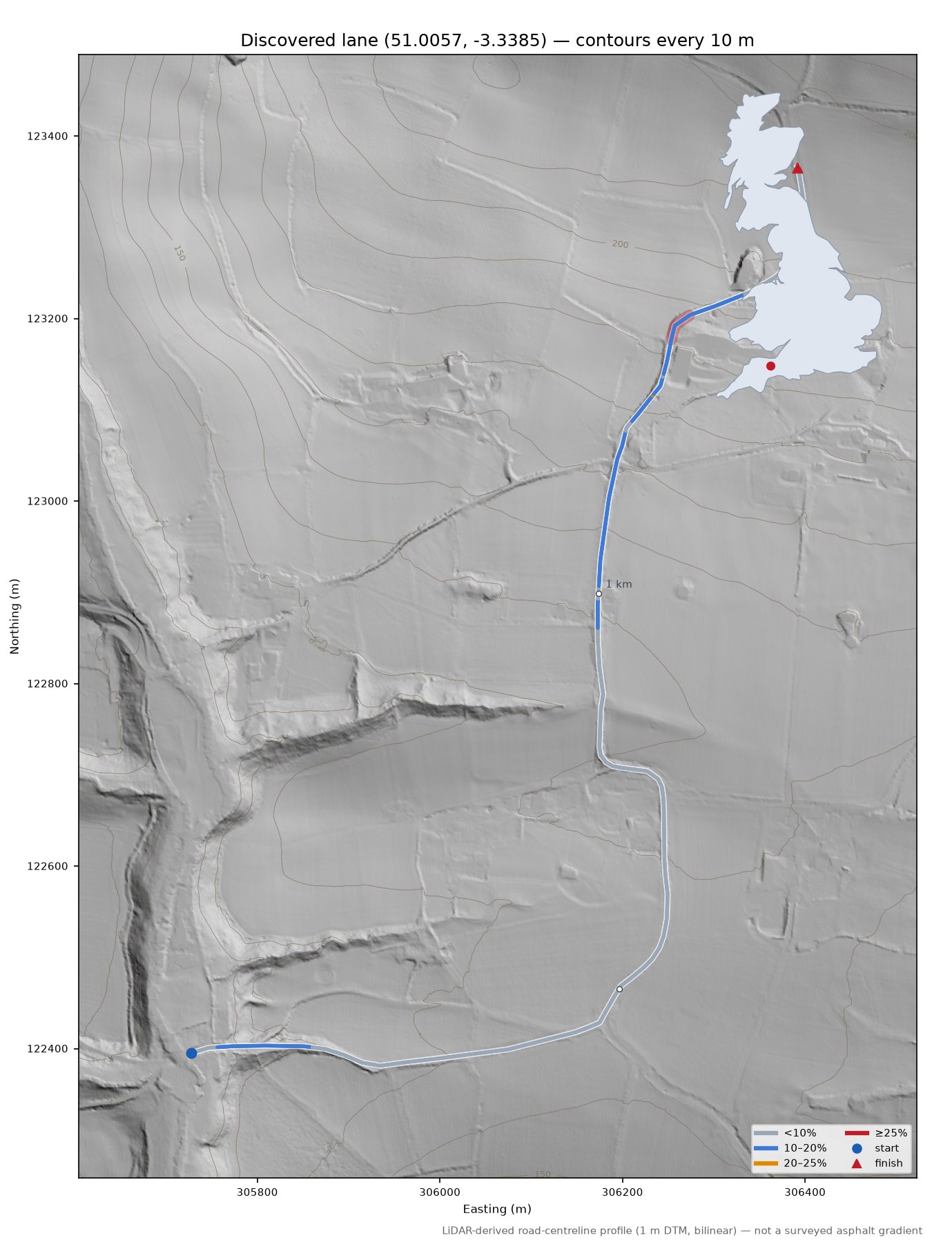 Discovered lane (51.0057, -3.3385) LiDAR hillshade map with contours