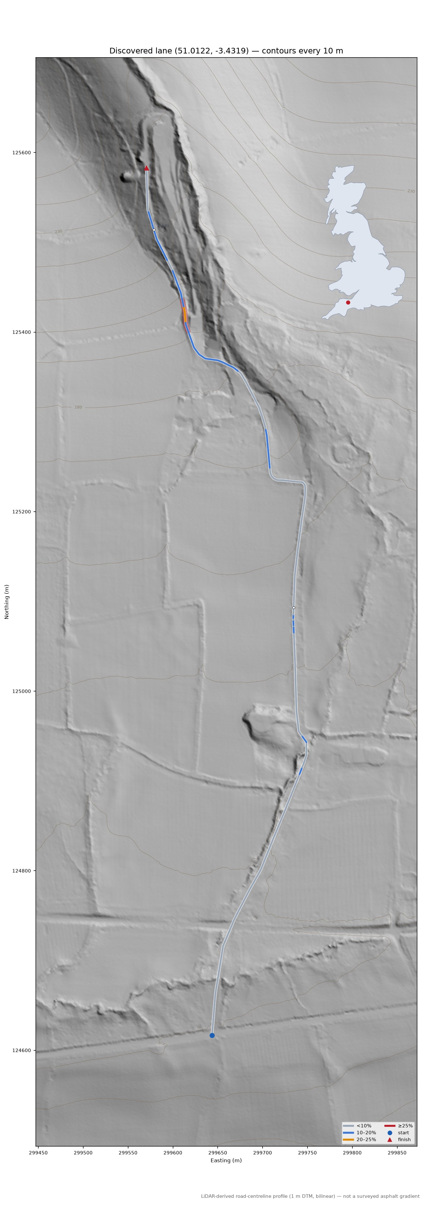 Discovered lane (51.0122, -3.4319) LiDAR hillshade map with contours