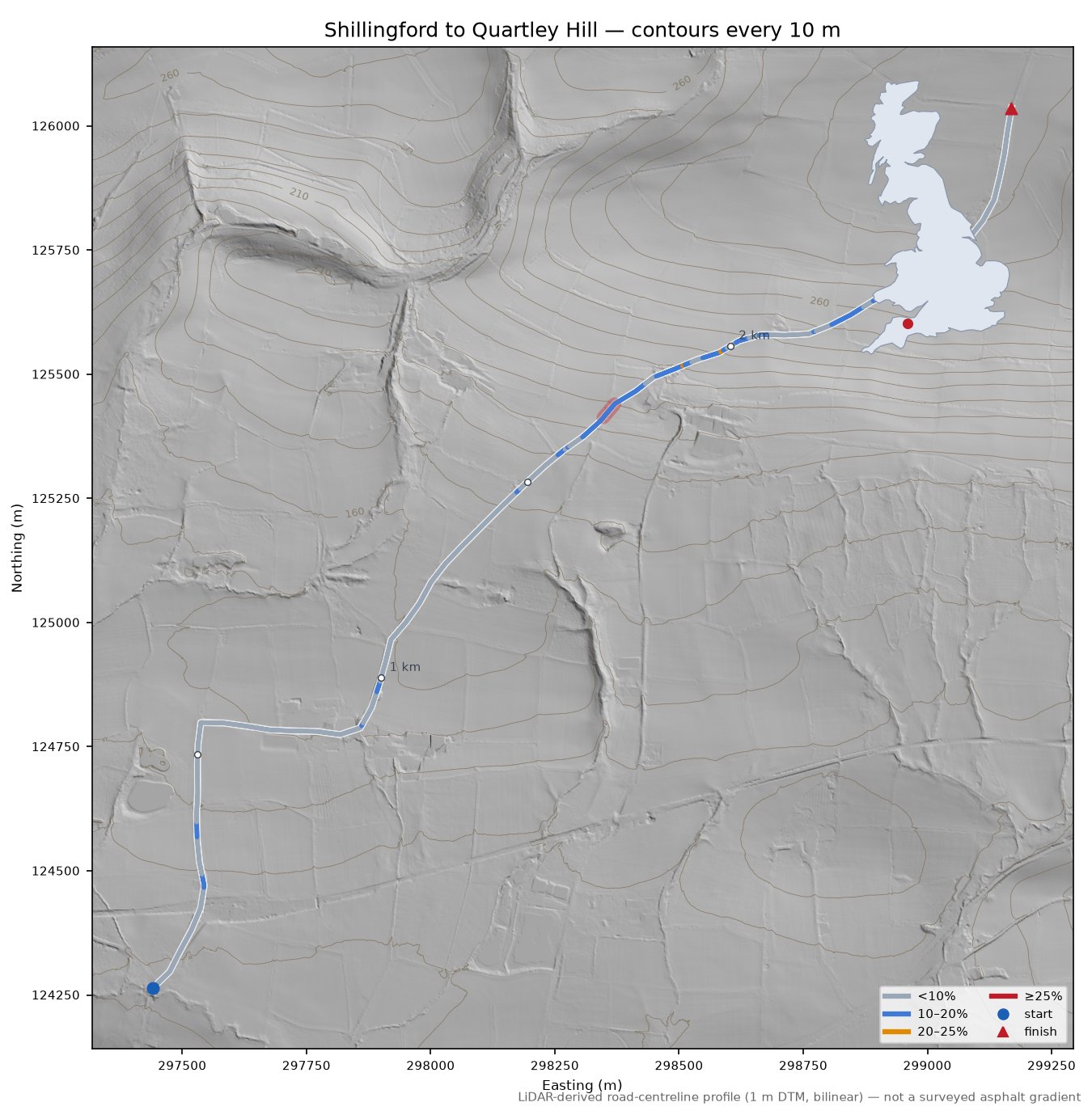 Shillingford to Quartley Hill LiDAR hillshade map with contours