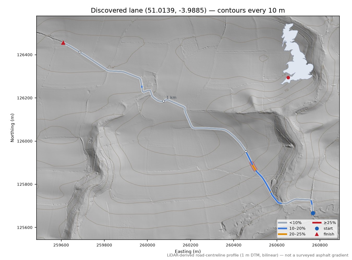 Discovered lane (51.0139, -3.9885) LiDAR hillshade map with contours