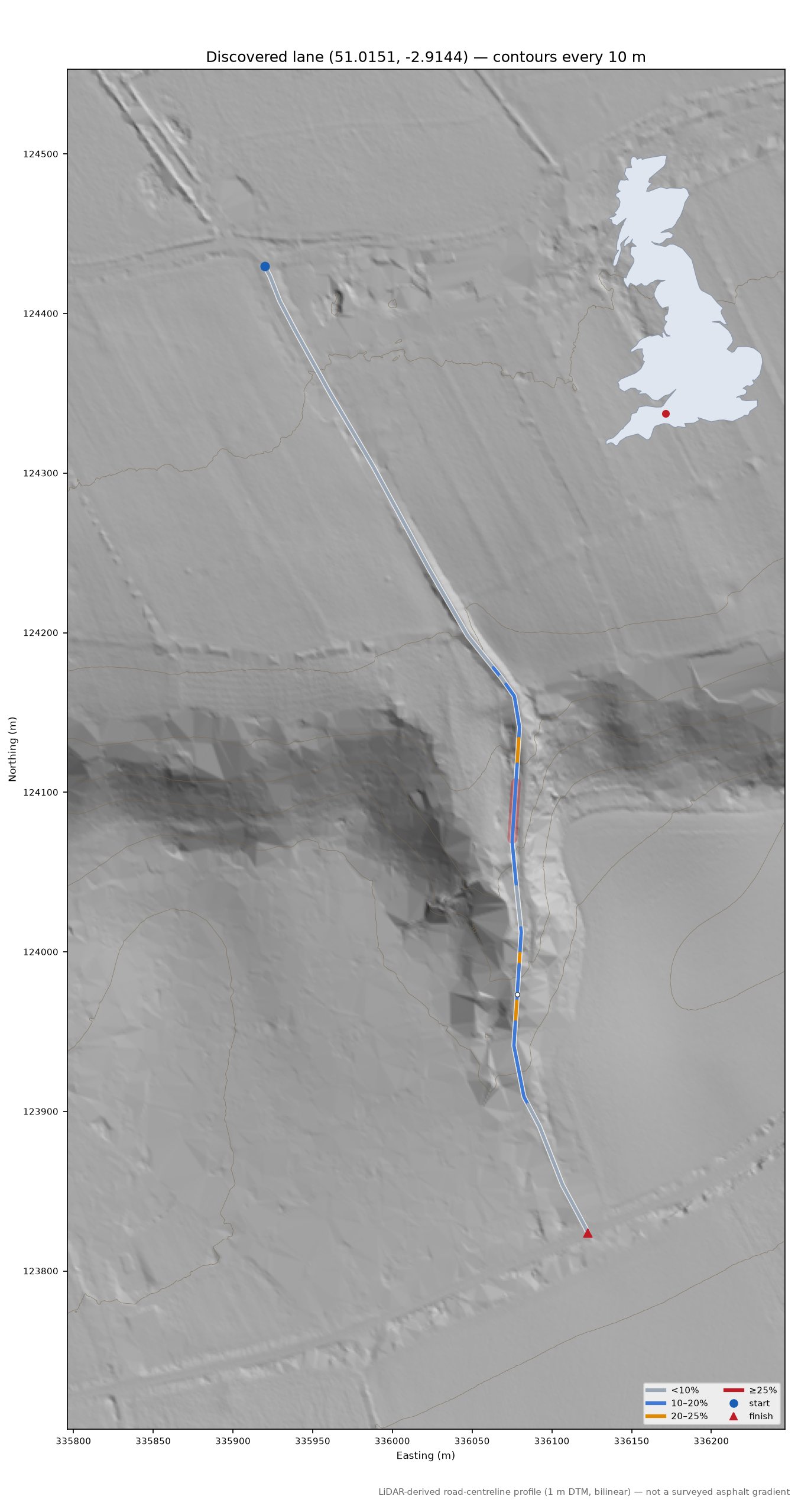 Discovered lane (51.0151, -2.9144) LiDAR hillshade map with contours