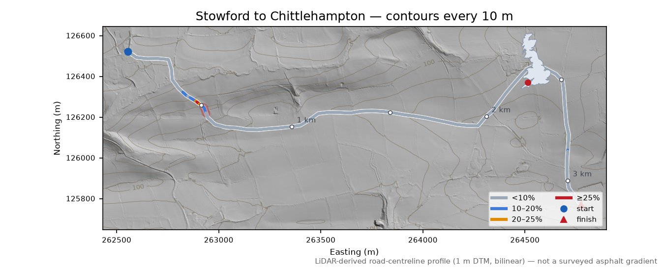 Stowford to Chittlehampton LiDAR hillshade map with contours