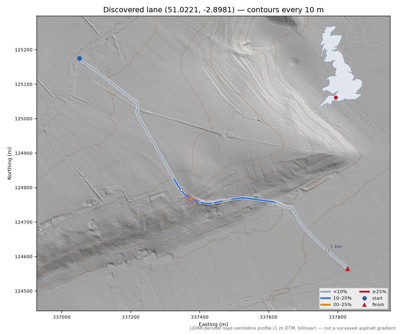 Discovered lane (51.0221, -2.8981) LiDAR hillshade map with contours