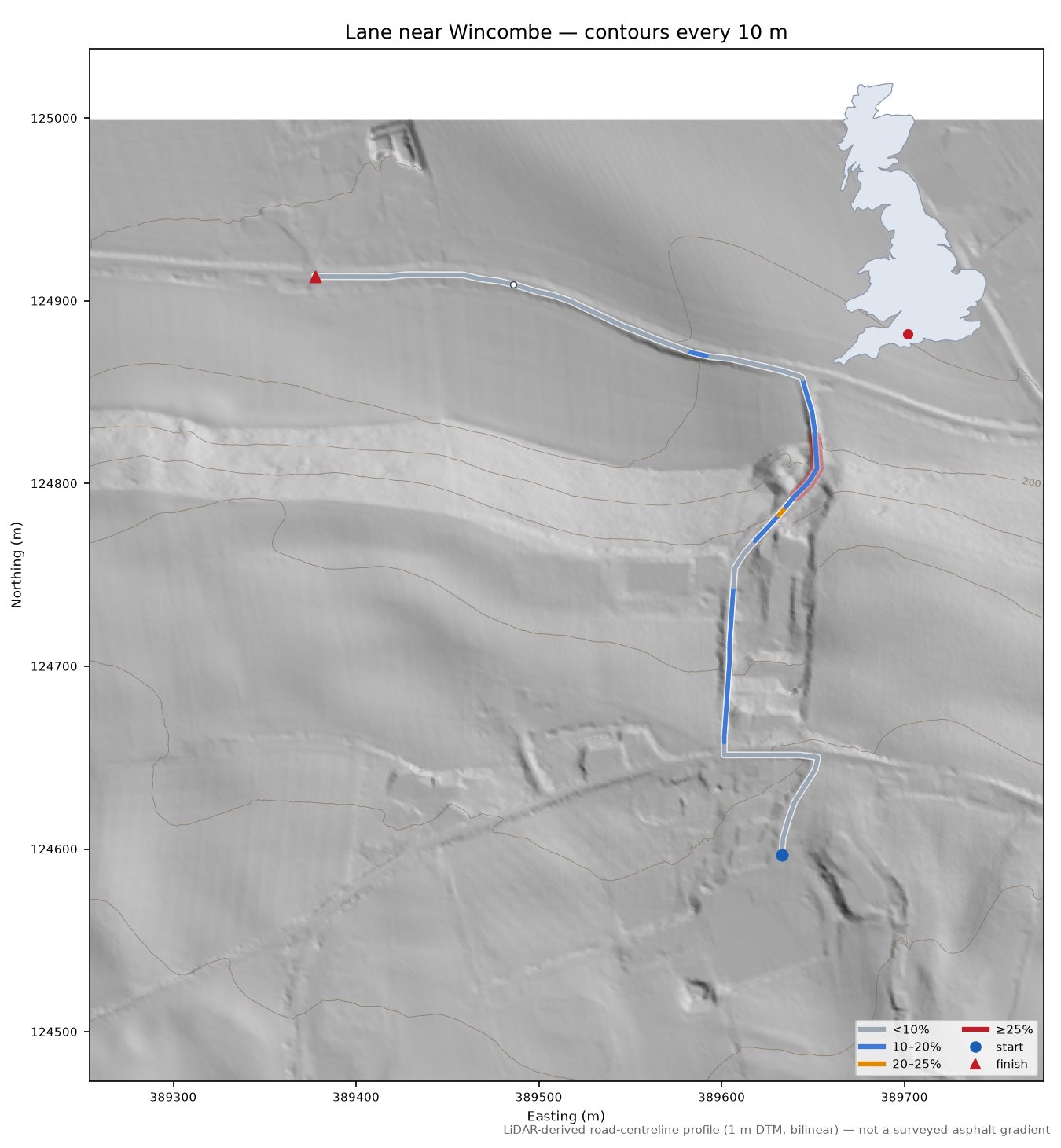 Lane near Wincombe LiDAR hillshade map with contours