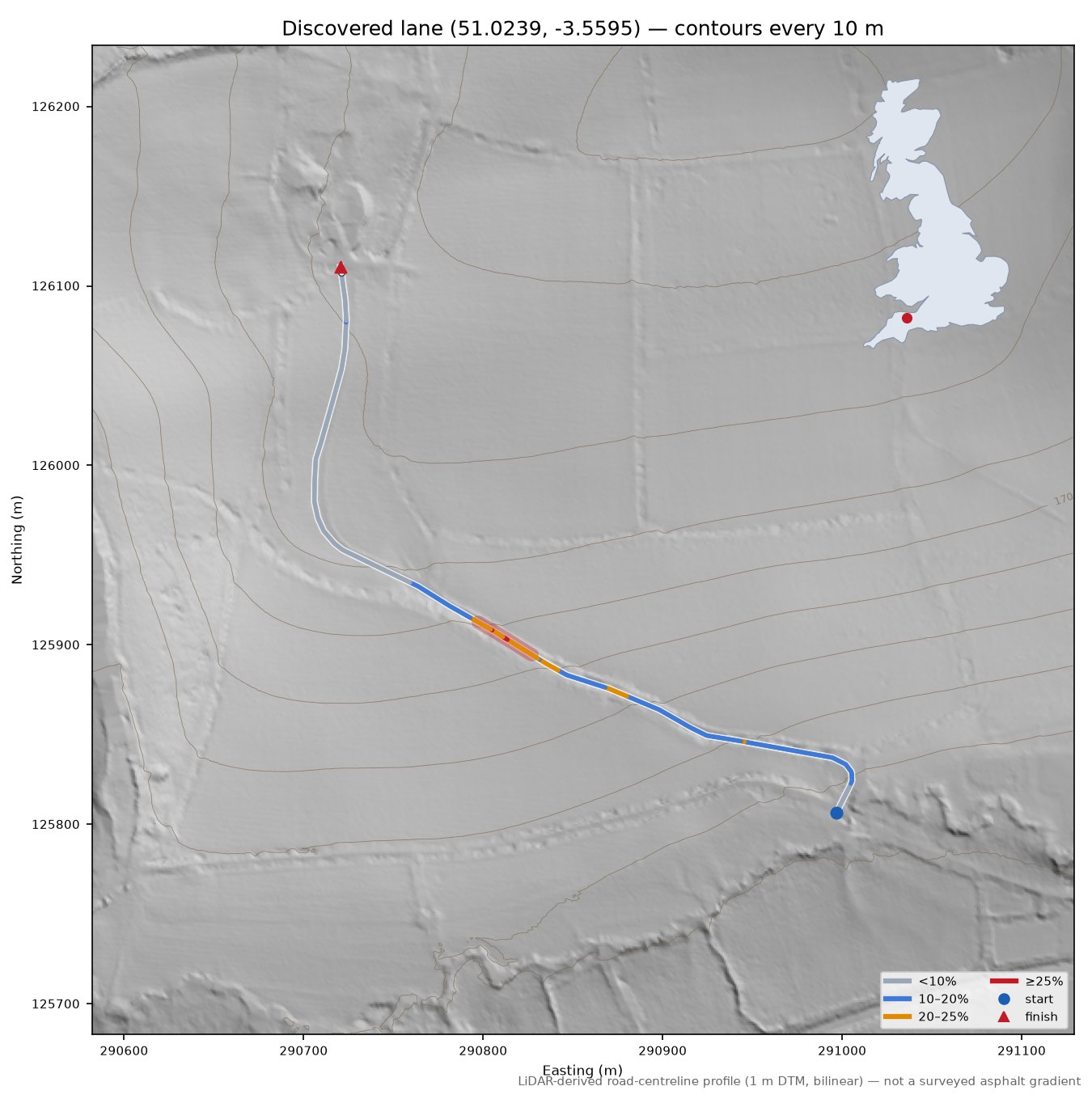 Discovered lane (51.0239, -3.5595) LiDAR hillshade map with contours