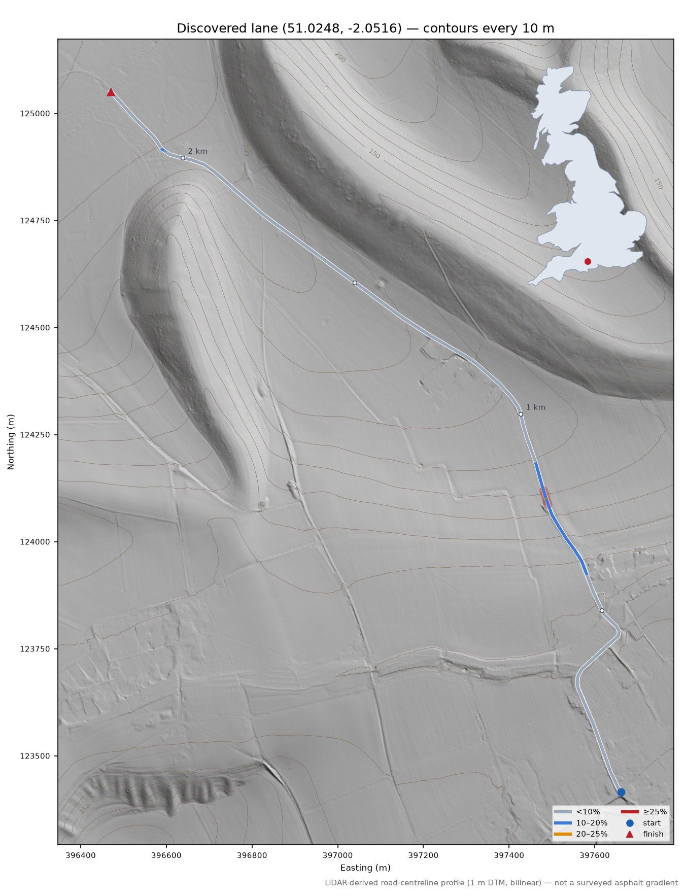Discovered lane (51.0248, -2.0516) LiDAR hillshade map with contours